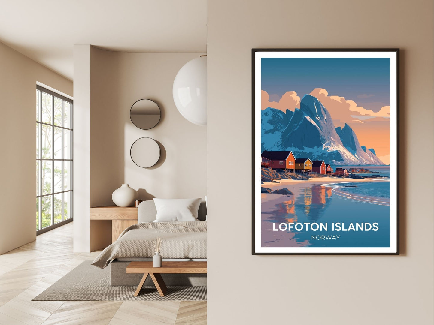 Gallery wall display of Lofoton Islands Norway travel poster – Atlas Prints