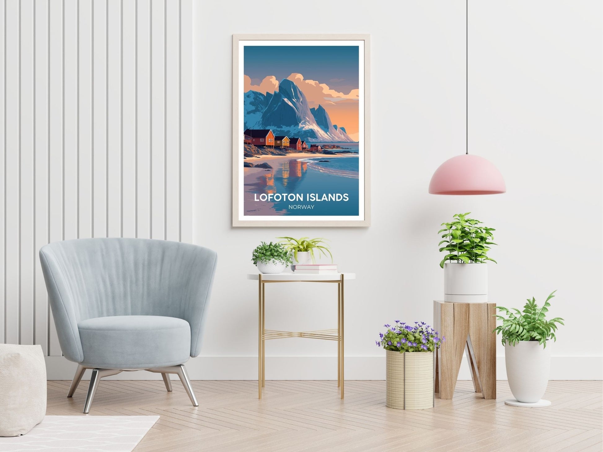 Lofoton Islands Norway travel print displayed in living room – Atlas Prints