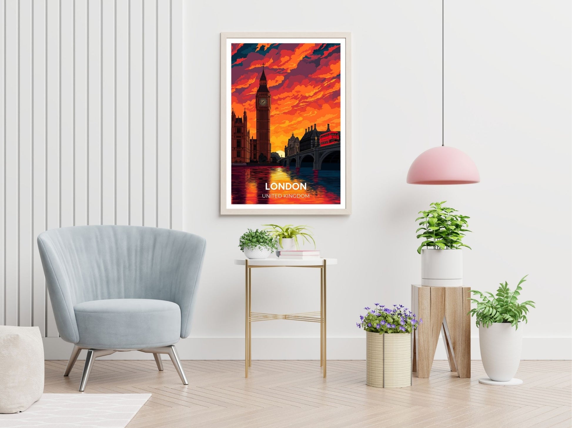 London travel print displayed in living room – Atlas Prints