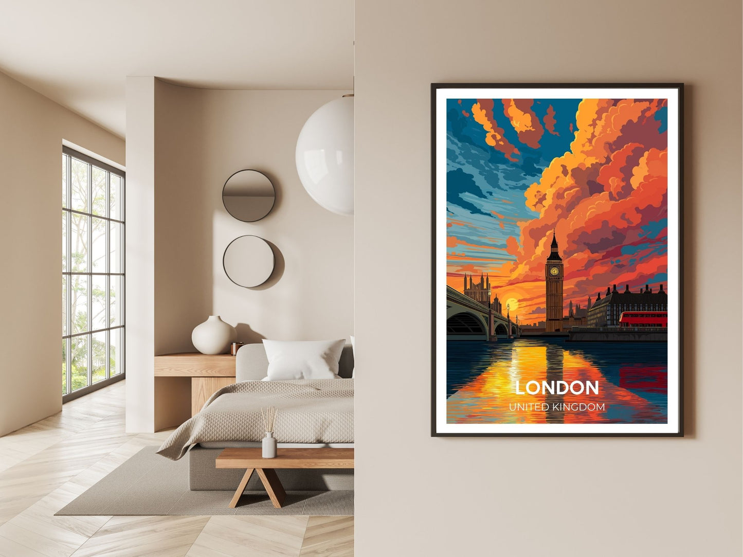 Gallery wall display of London Sunset United Kingdom  travel poster – Atlas Prints