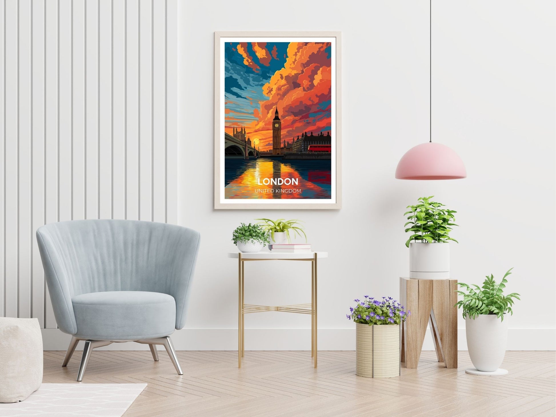 London Sunset United Kingdom  travel print displayed in living room – Atlas Prints