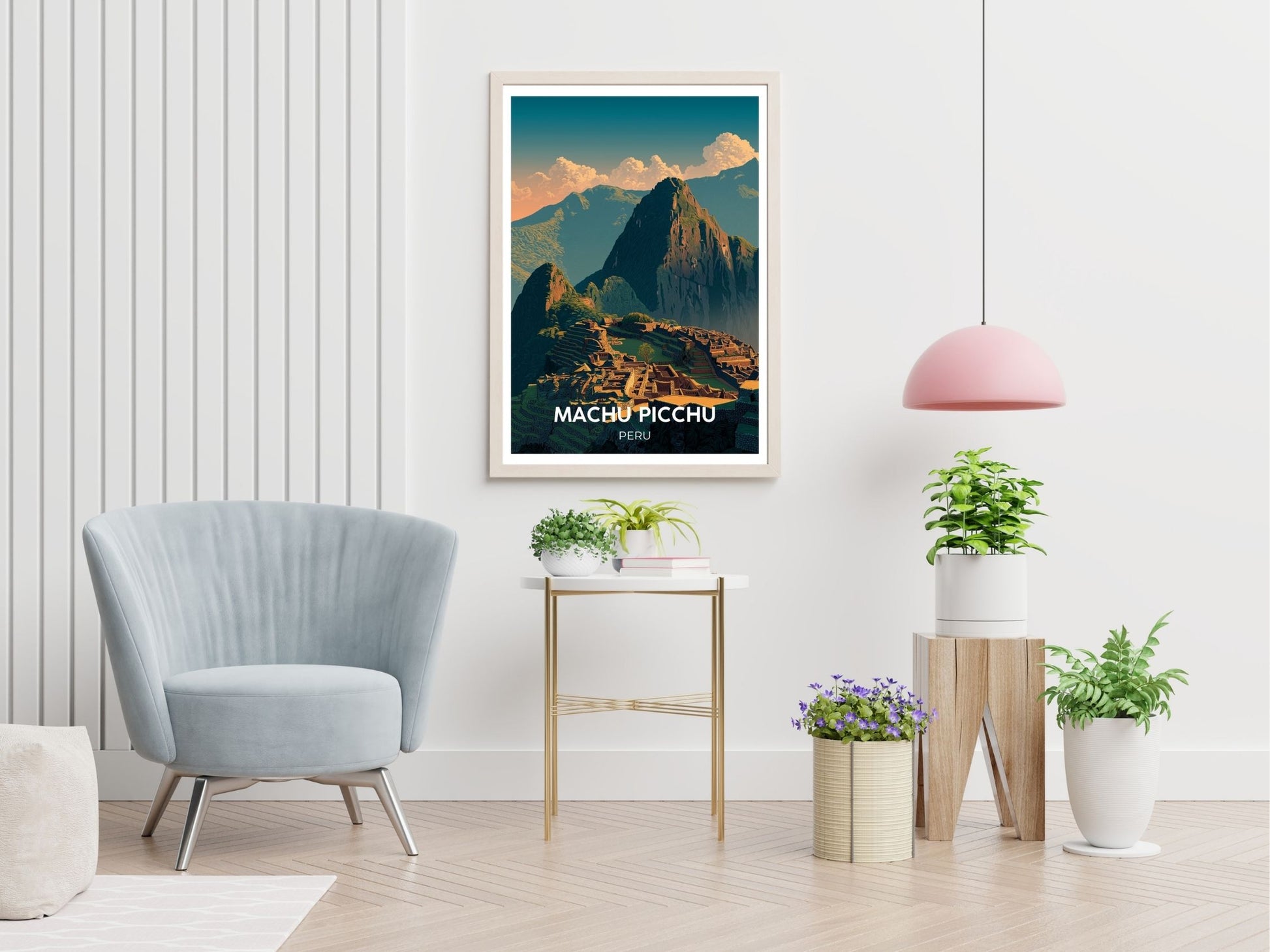 Machu Picchu Peru travel print displayed in living room – Atlas Prints