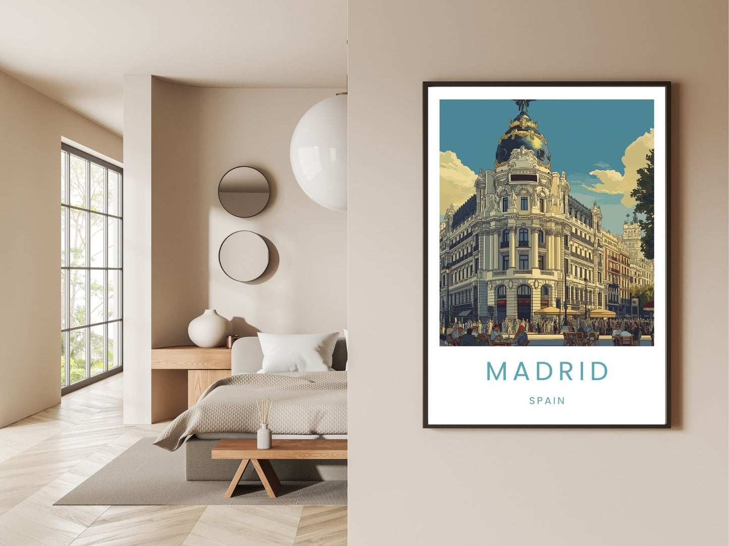 Gallery wall display of Madrid Spain travel poster – Atlas Prints