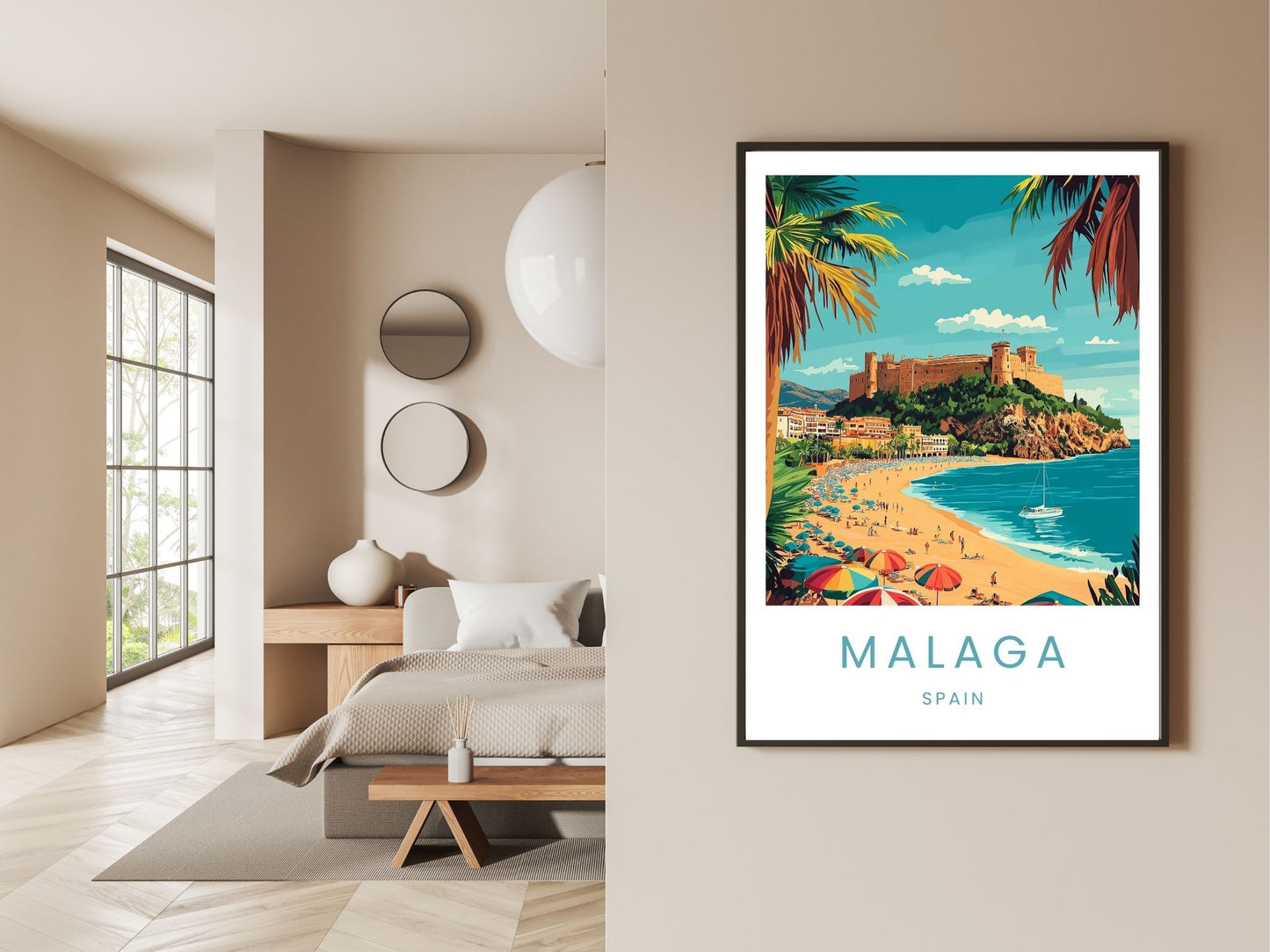 Gallery wall display of Malaga Spain travel poster – Atlas Prints