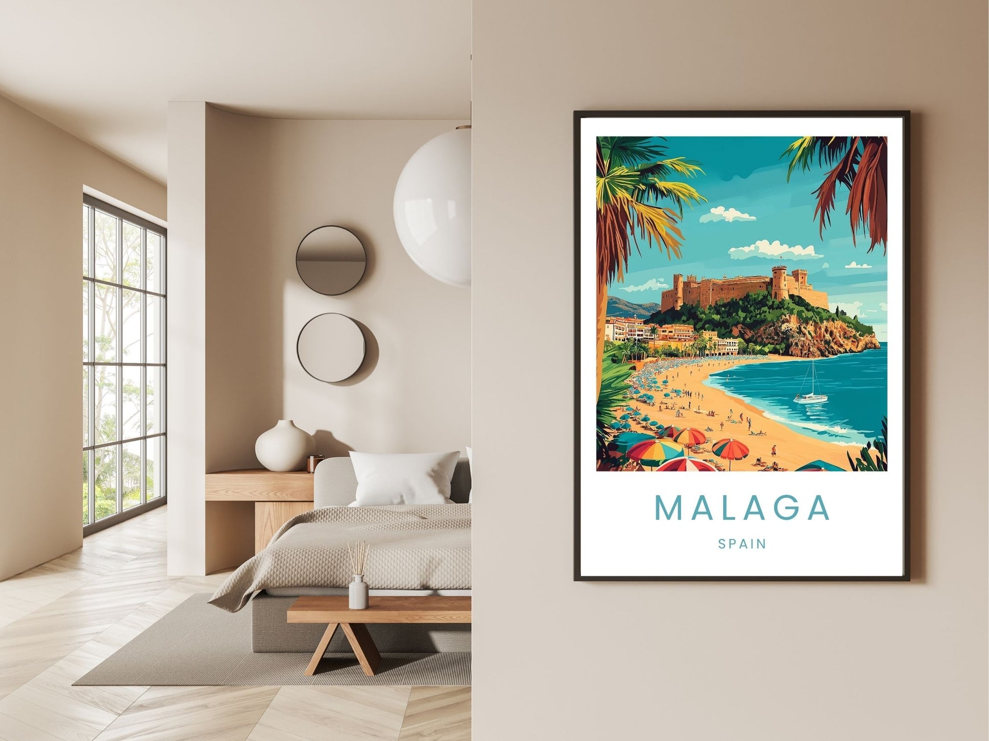 Gallery wall display of Malaga Spain travel poster – Atlas Prints