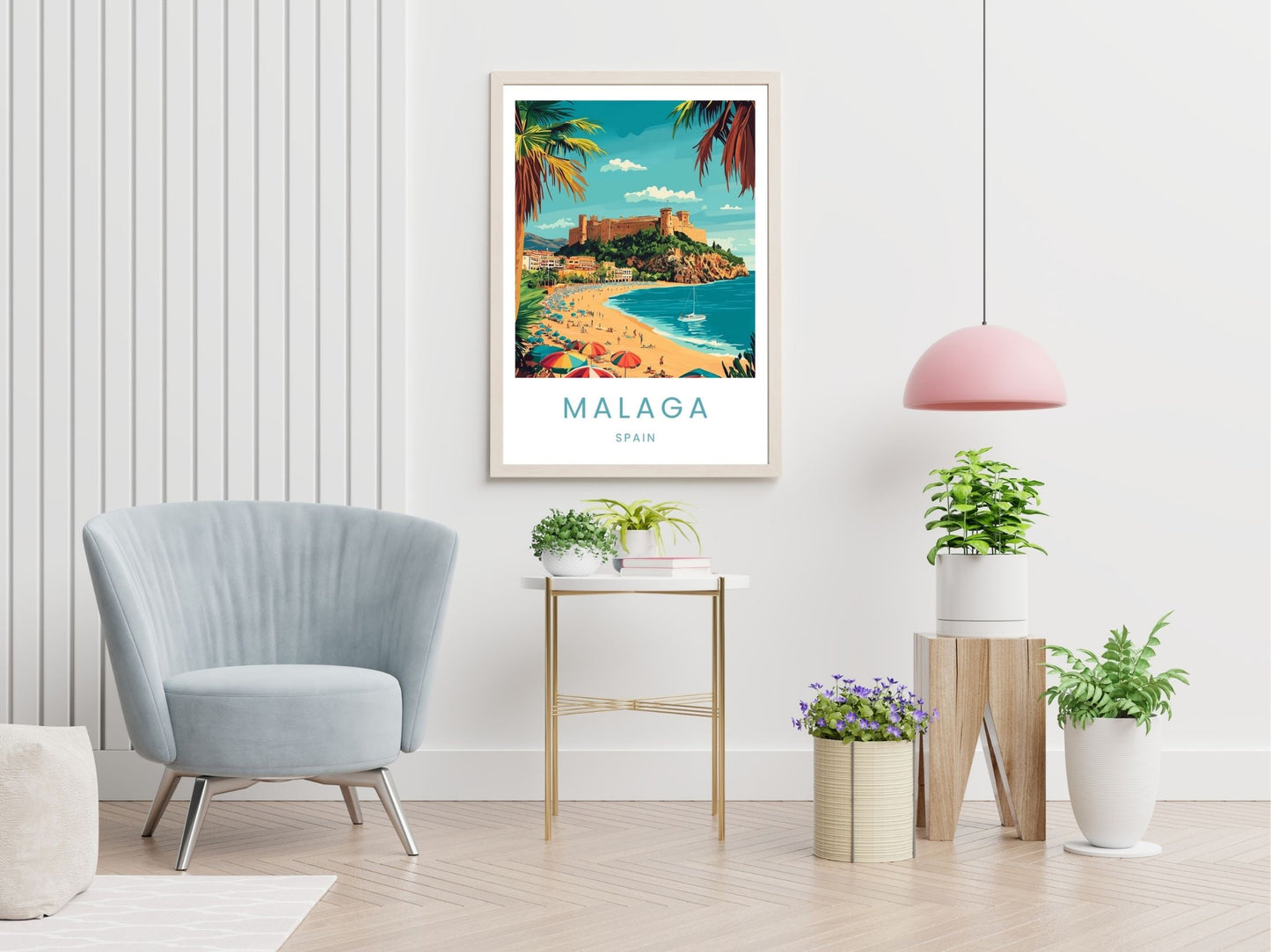 Malaga Spain travel print displayed in living room – Atlas Prints