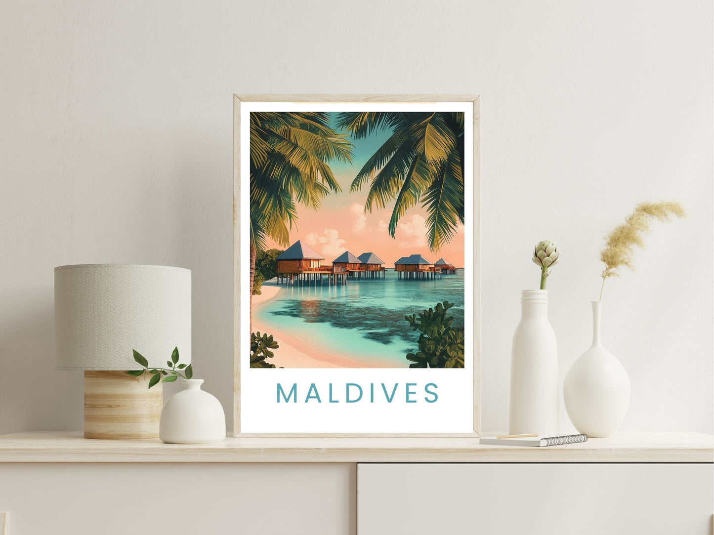 Maldives Beach wall art print displayed in bedroom – Atlas Prints