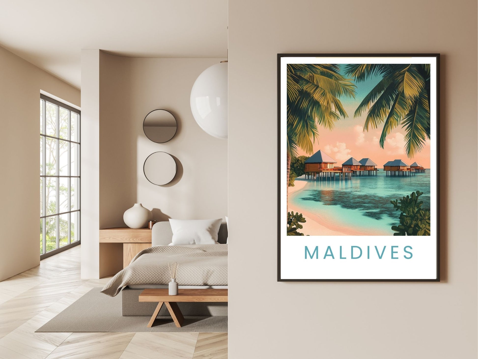 Gallery wall display of Maldives Beach travel poster – Atlas Prints