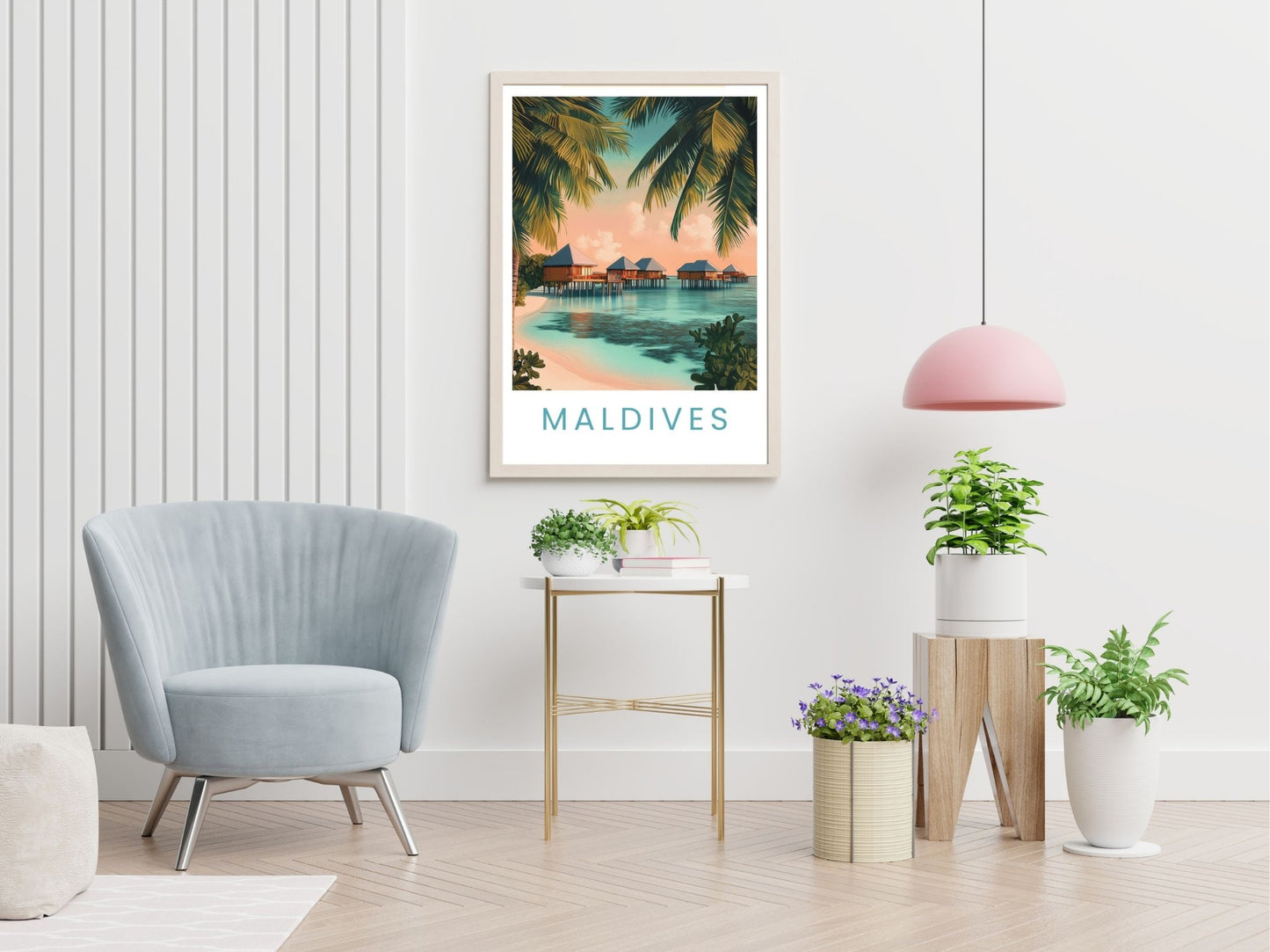Maldives Beach travel print displayed in living room – Atlas Prints