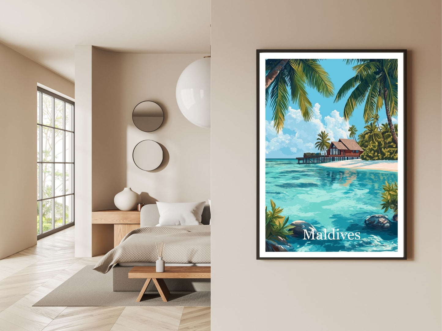 Gallery wall display of Maldives travel poster – Atlas Prints