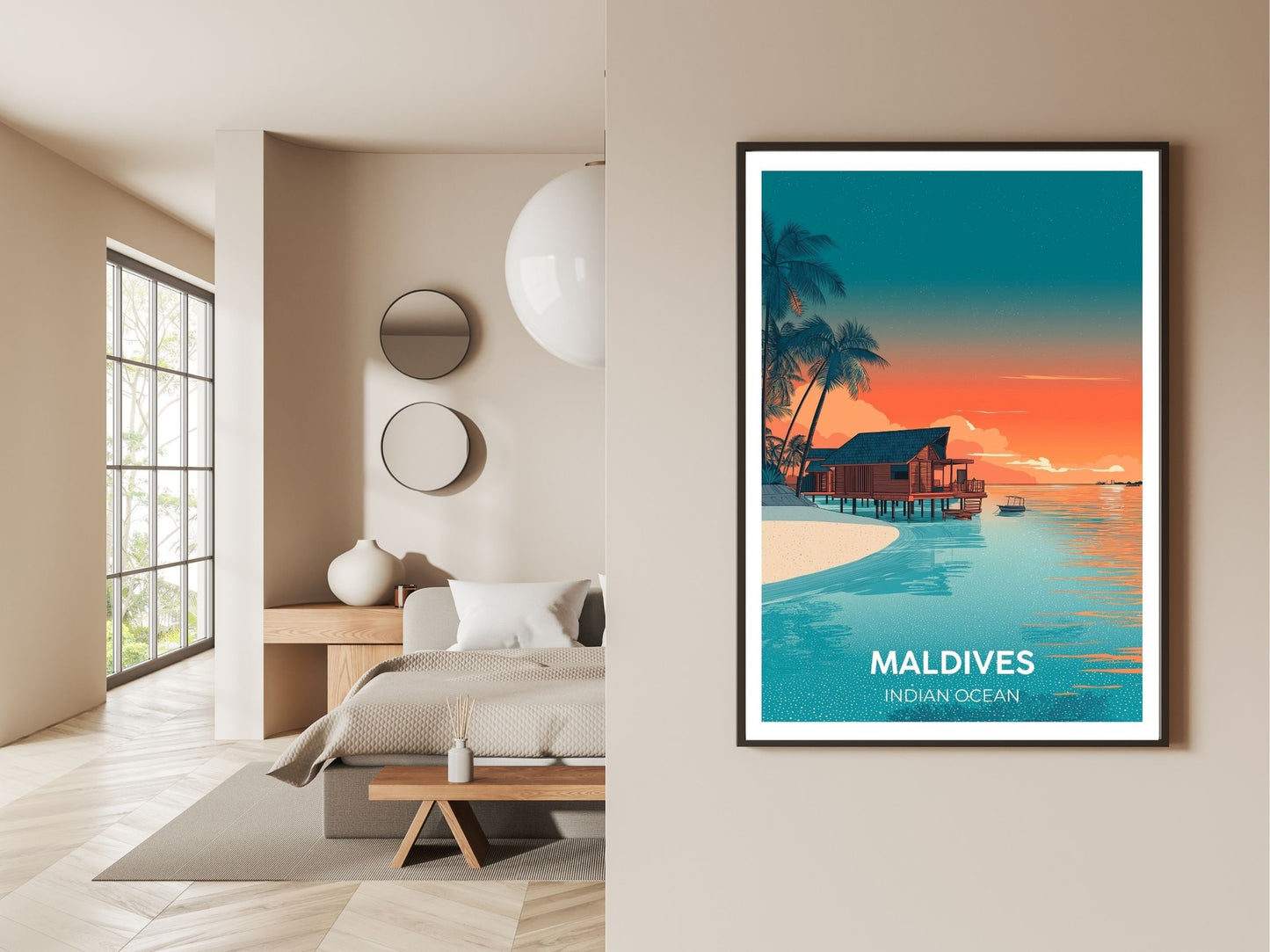 Gallery wall display of Maldives Indian Ocean travel poster – Atlas Prints