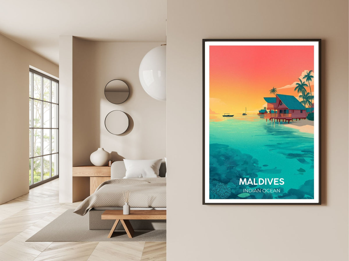 Gallery wall display of Maldives Indian Ocean travel poster – Atlas Prints