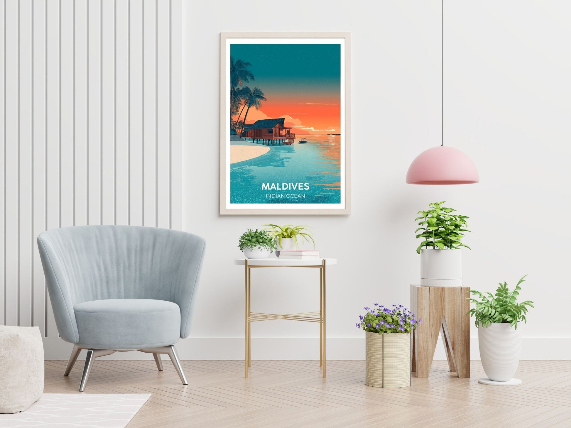 Maldives Indian Ocean travel print displayed in living room – Atlas Prints