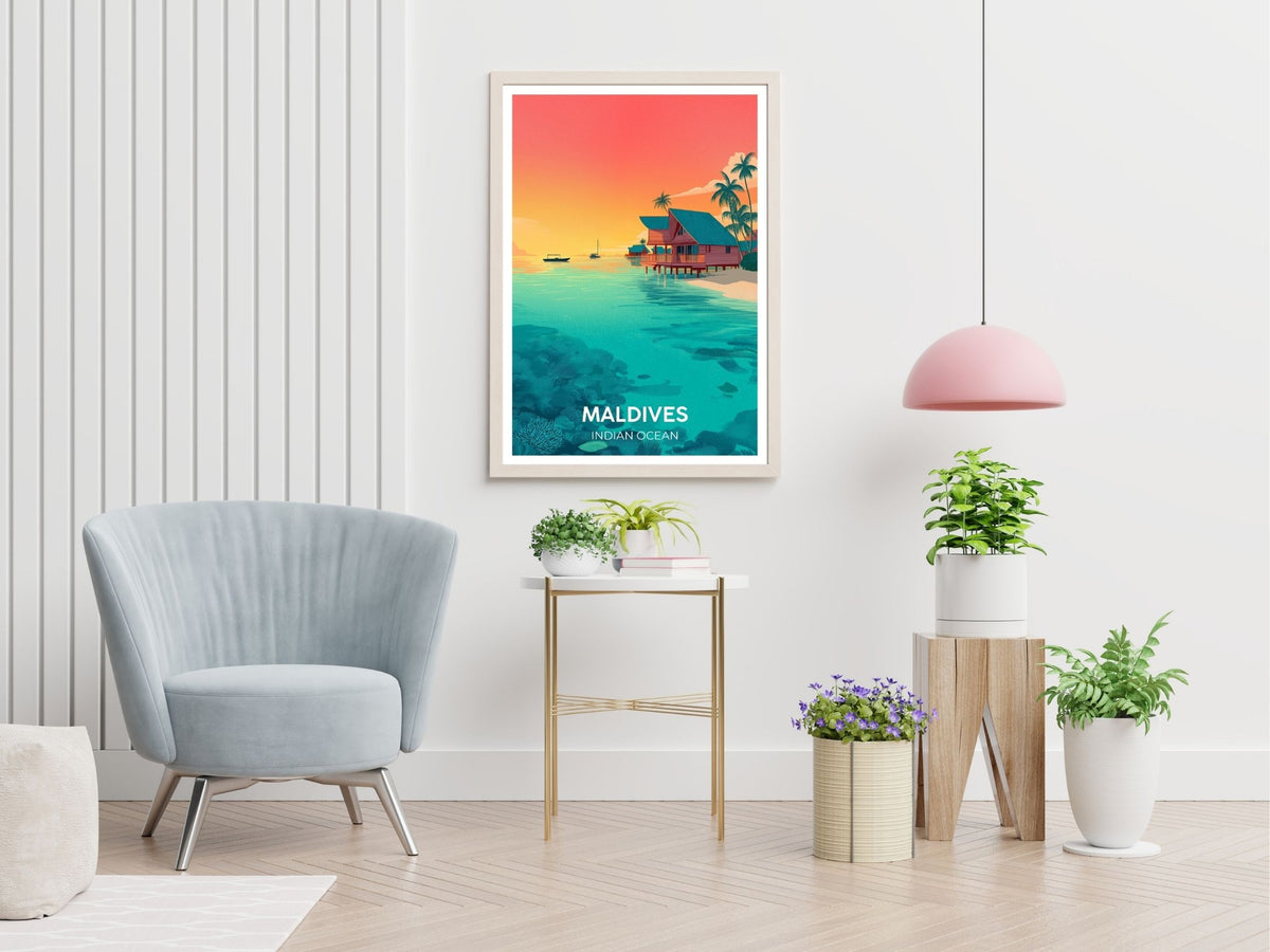 Maldives Indian Ocean travel print displayed in living room – Atlas Prints