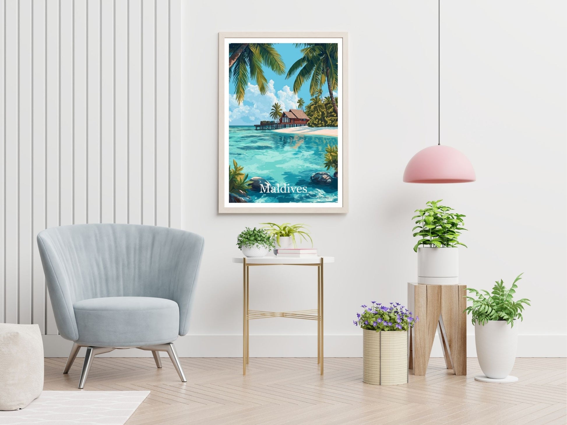 Maldives travel print displayed in living room – Atlas Prints