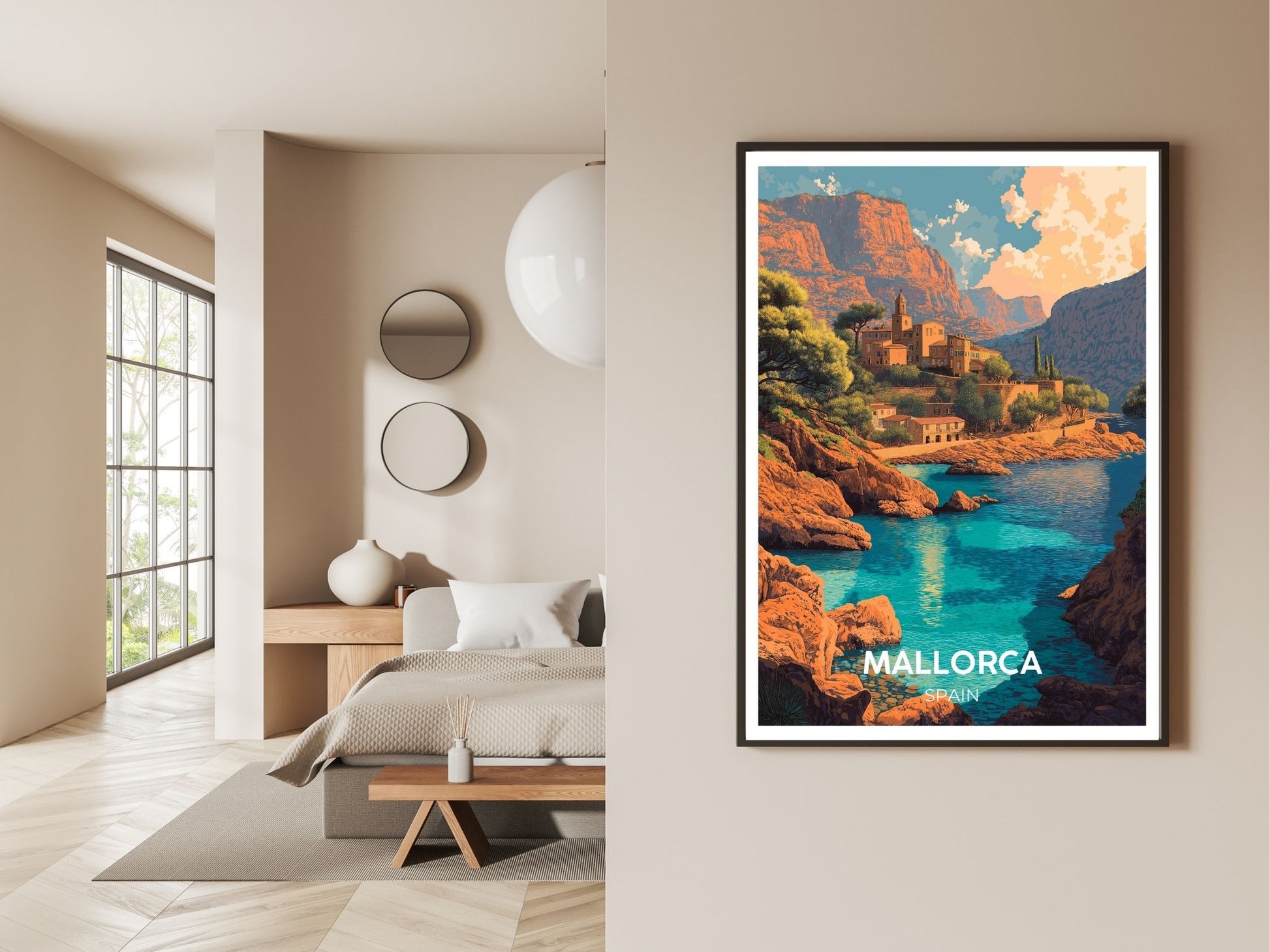 Gallery wall display of Mallorca Spain travel poster – Atlas Prints
