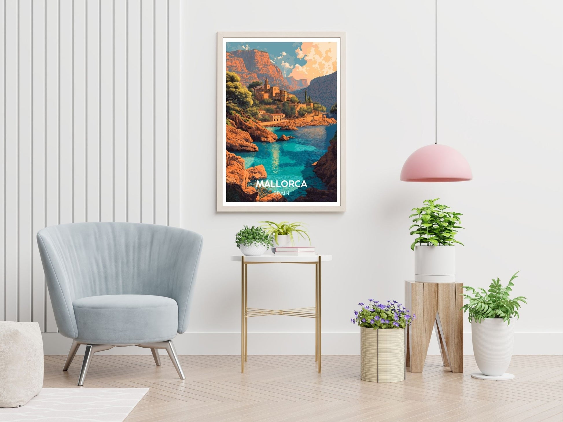 Mallorca Spain travel print displayed in living room – Atlas Prints