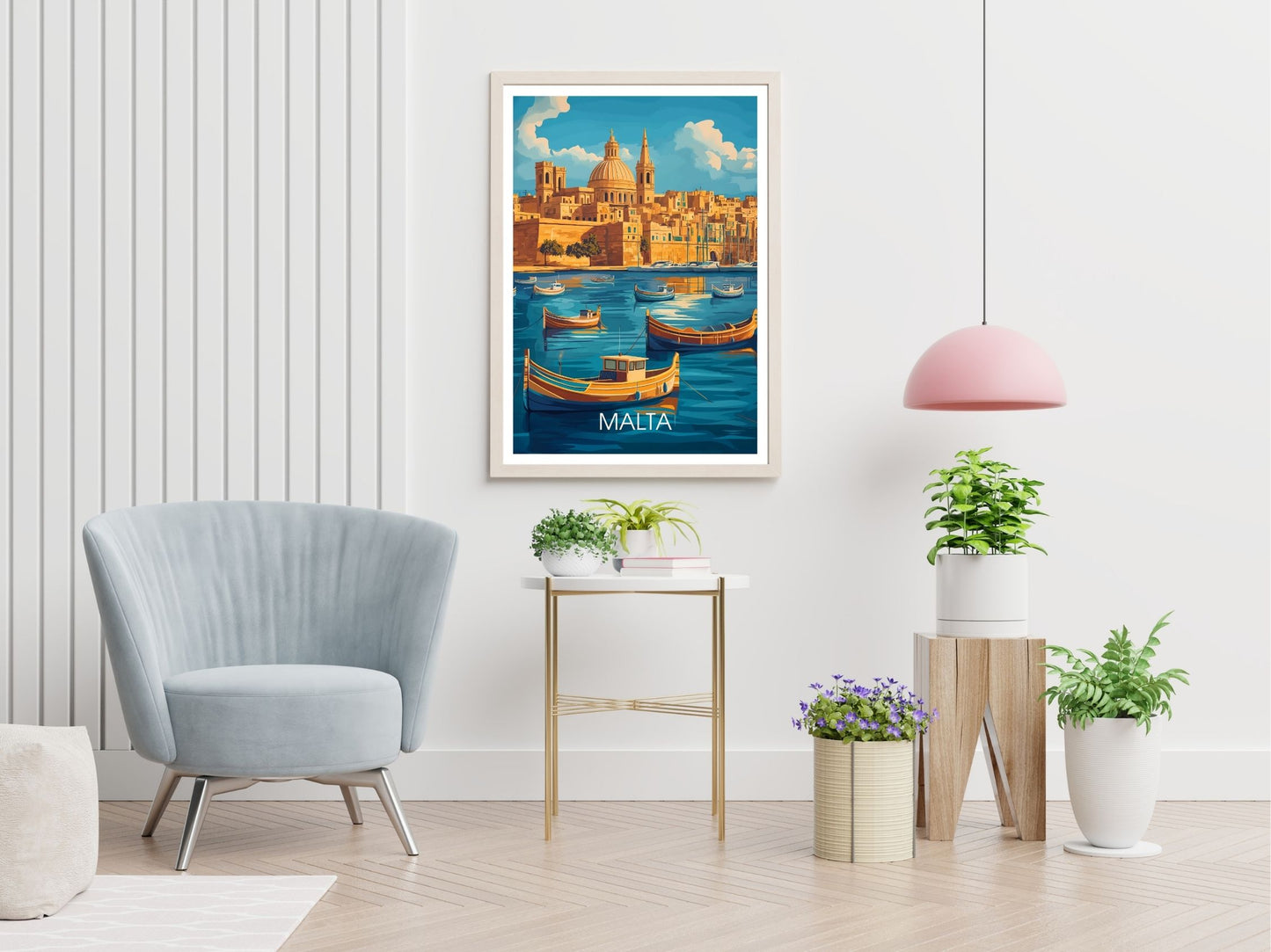 Malta travel print displayed in living room – Atlas Prints
