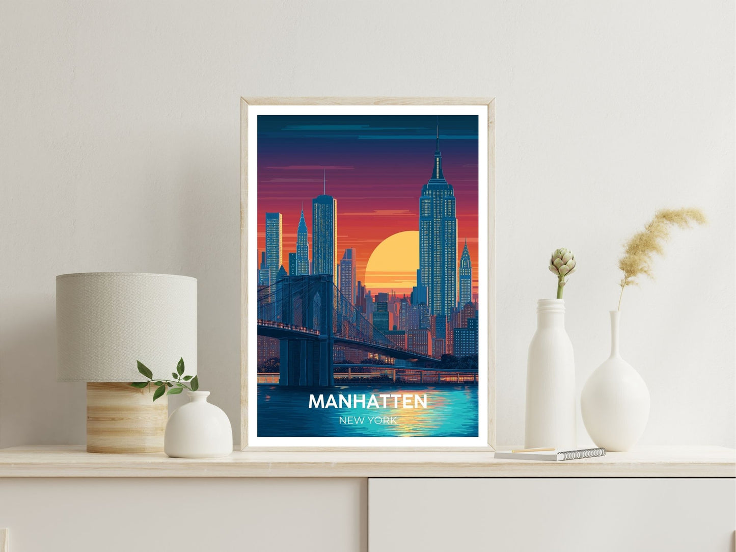 Manhatten New York wall art print displayed in bedroom – Atlas Prints
