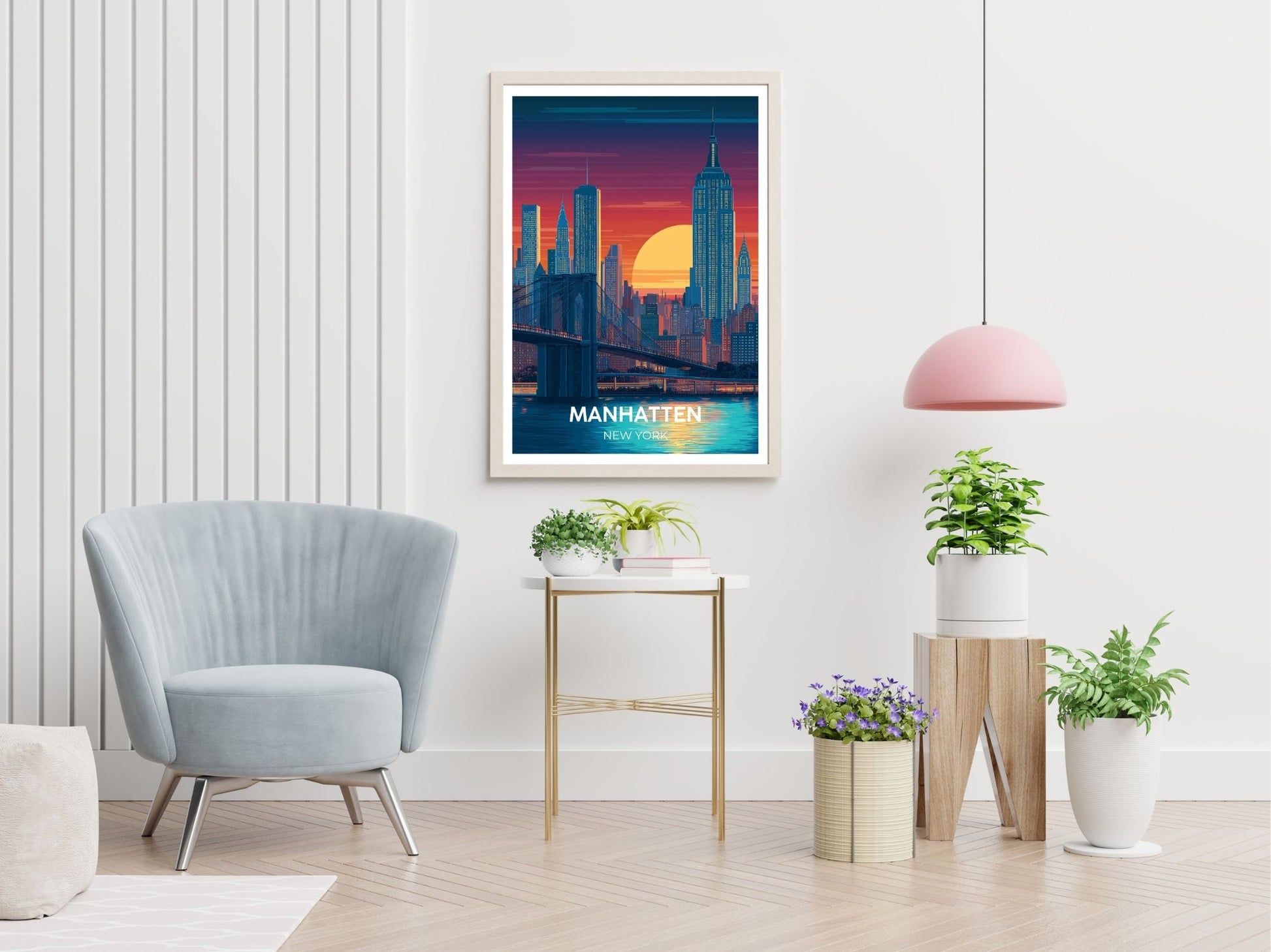 Manhatten New York travel print displayed in living room – Atlas Prints