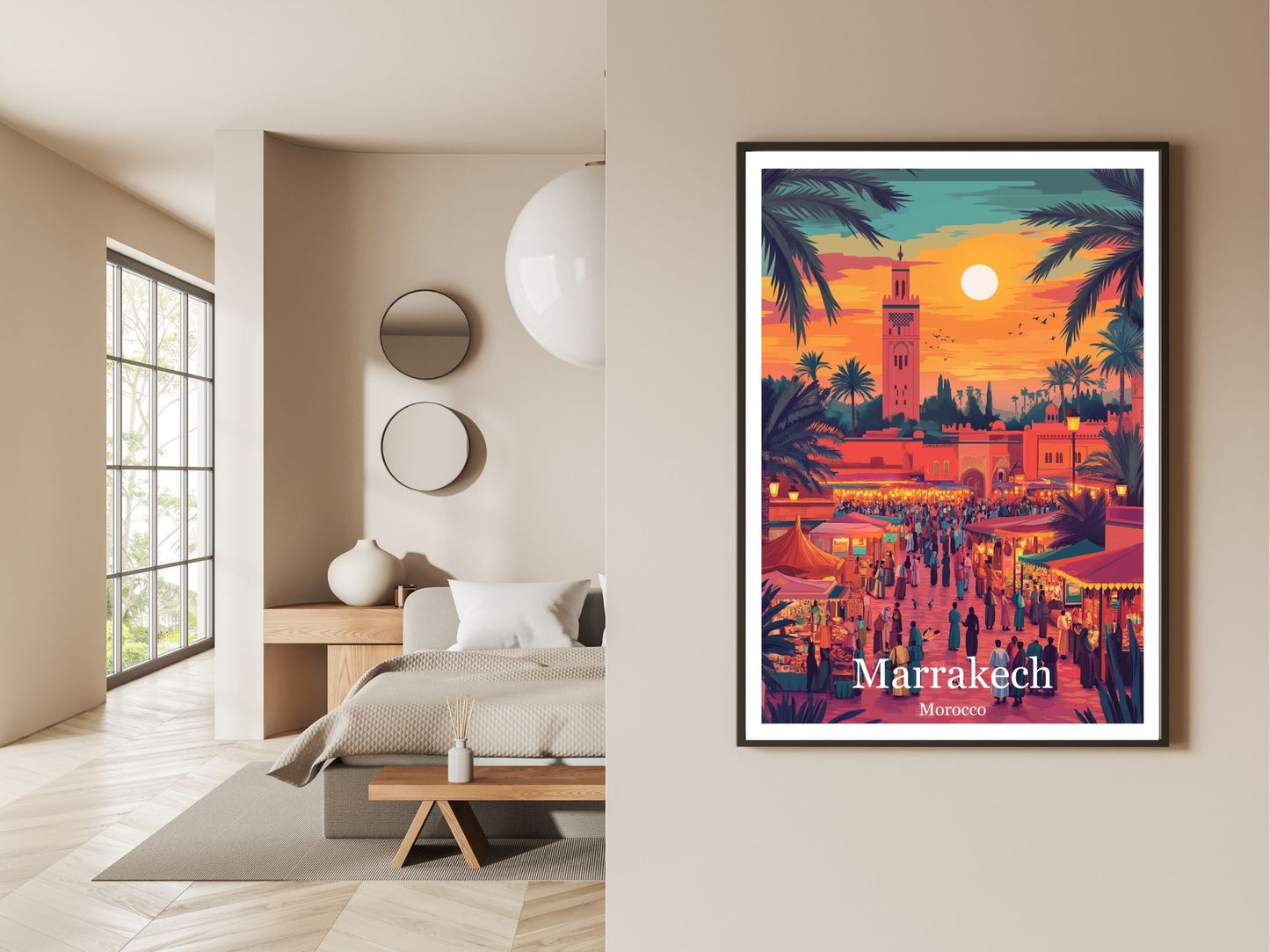 Gallery wall display of Marrakech travel poster – Atlas Prints