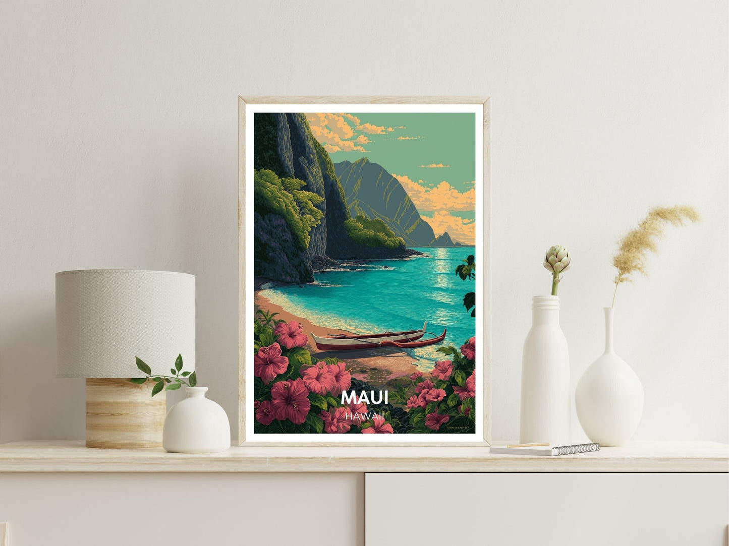 Gallery wall display of Maui Hawaii travel poster – Atlas Prints