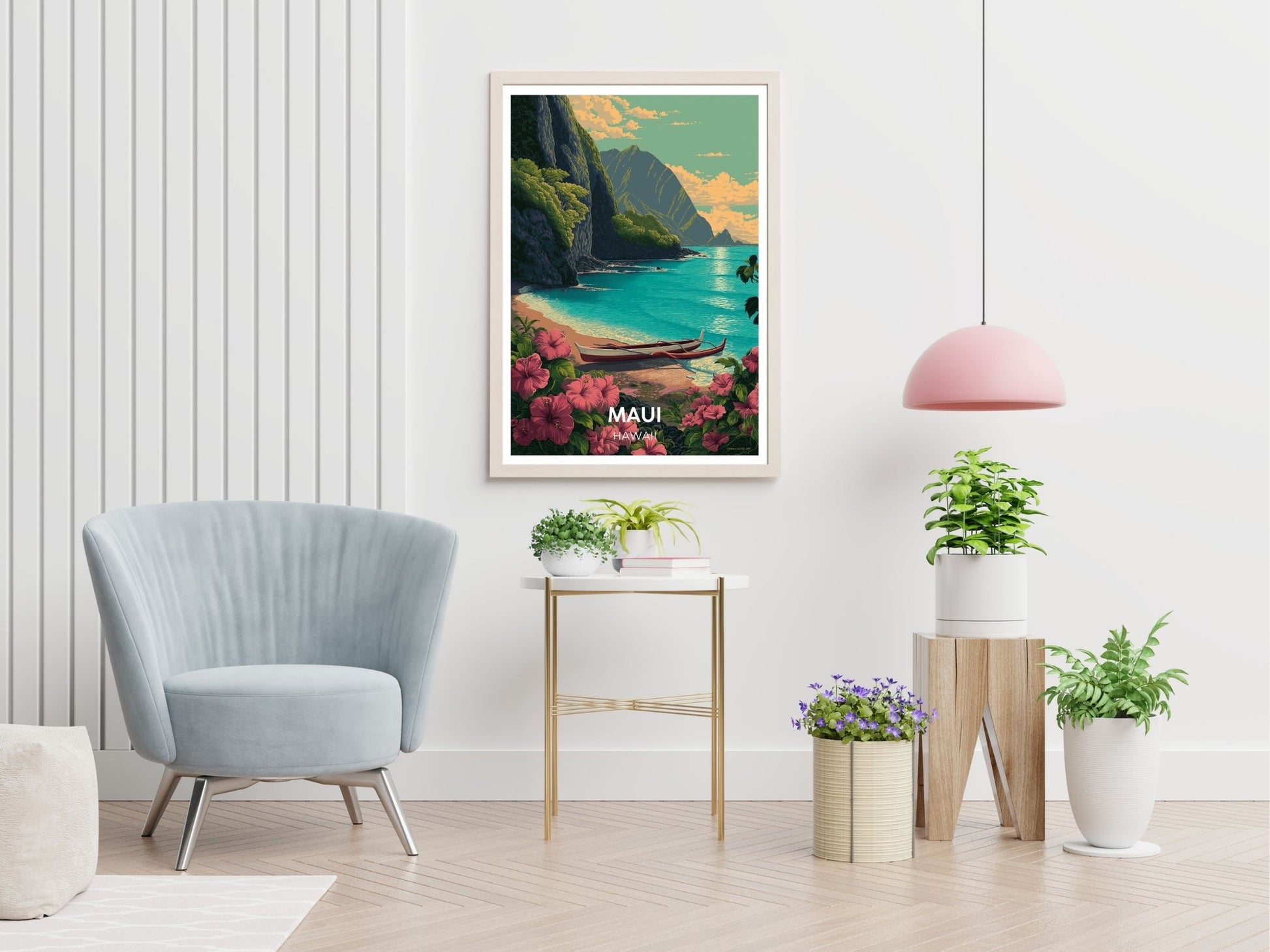 Maui Hawaii travel print displayed in living room – Atlas Prints