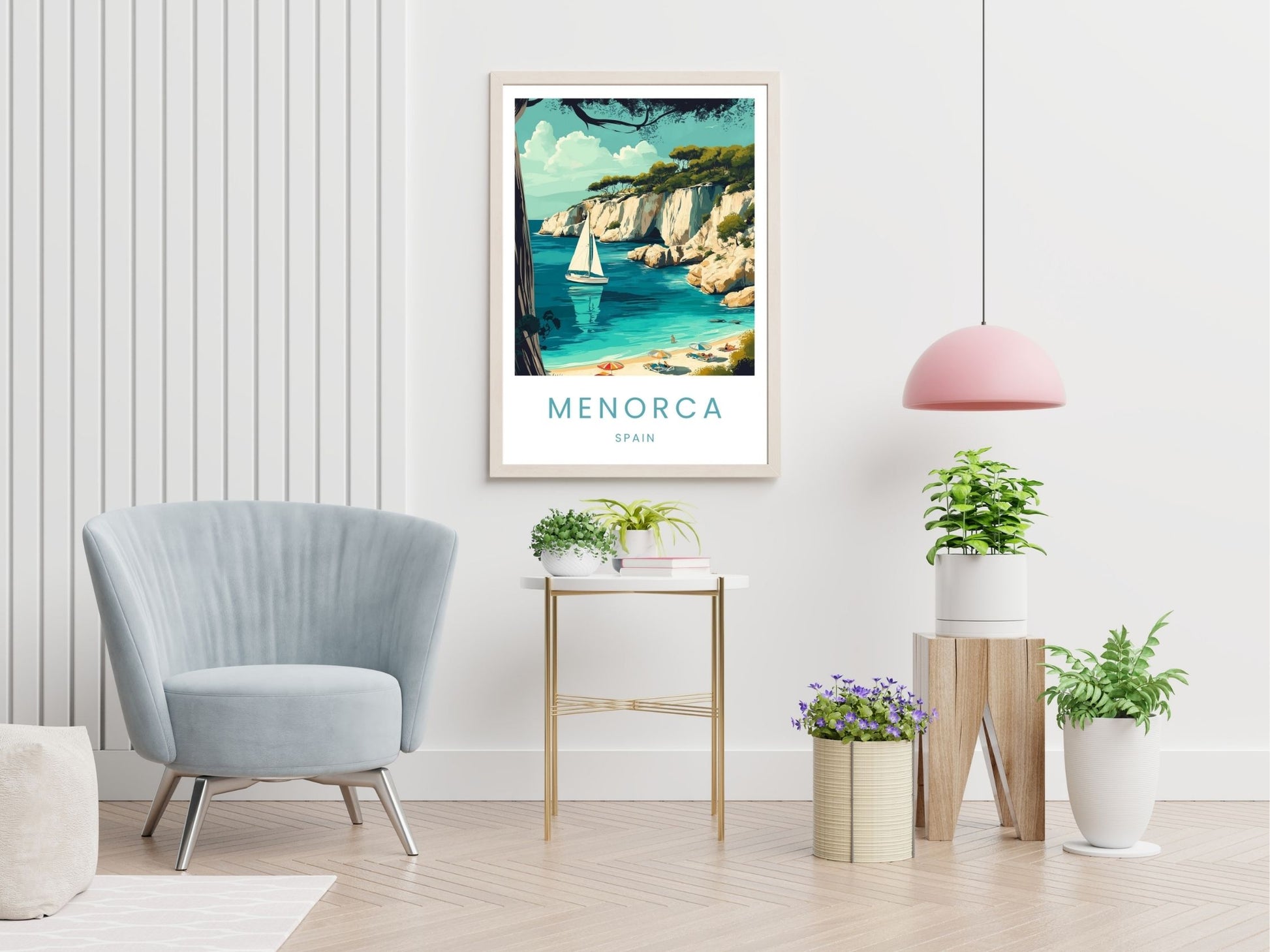 Menorca Balleric Islands travel print displayed in living room – Atlas Prints