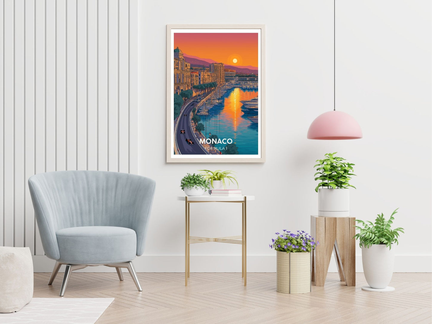 Monaco Formula 1 travel print displayed in living room – Atlas Prints