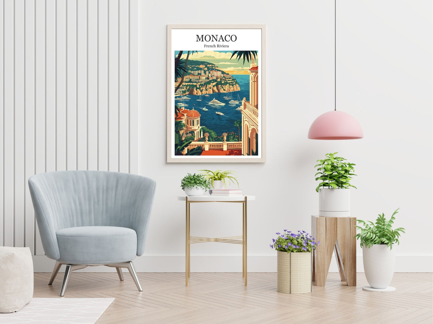 Monaco travel print displayed in living room – Atlas Prints