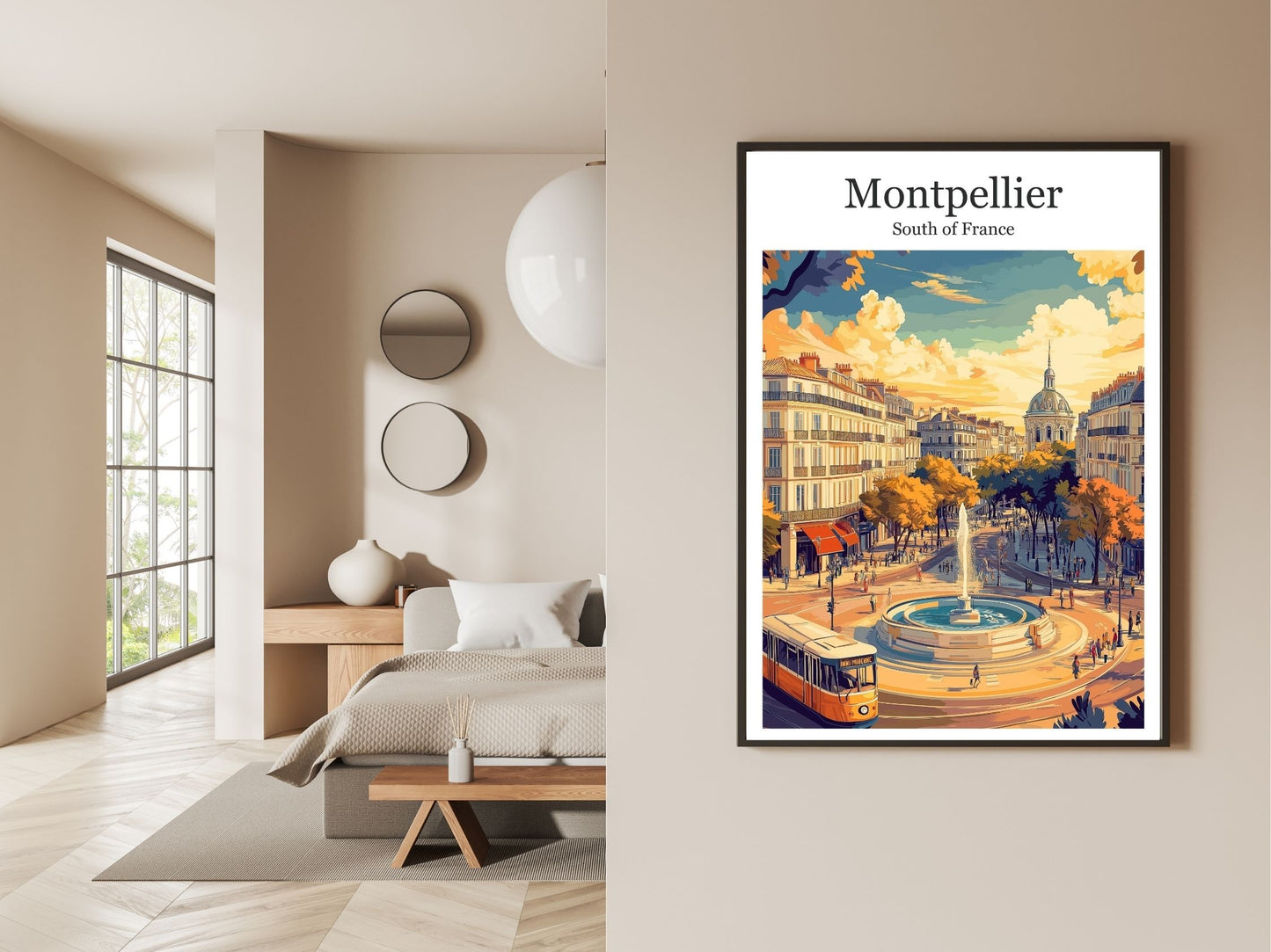 Gallery wall display of Montpellier travel poster – Atlas Prints