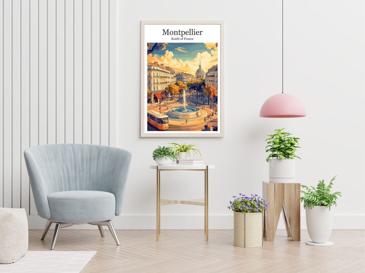 Montpellier travel print displayed in living room – Atlas Prints