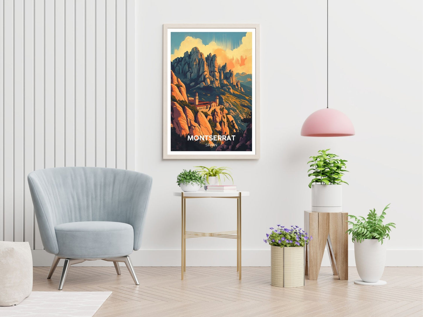 Montserrat travel print displayed in living room – Atlas Prints