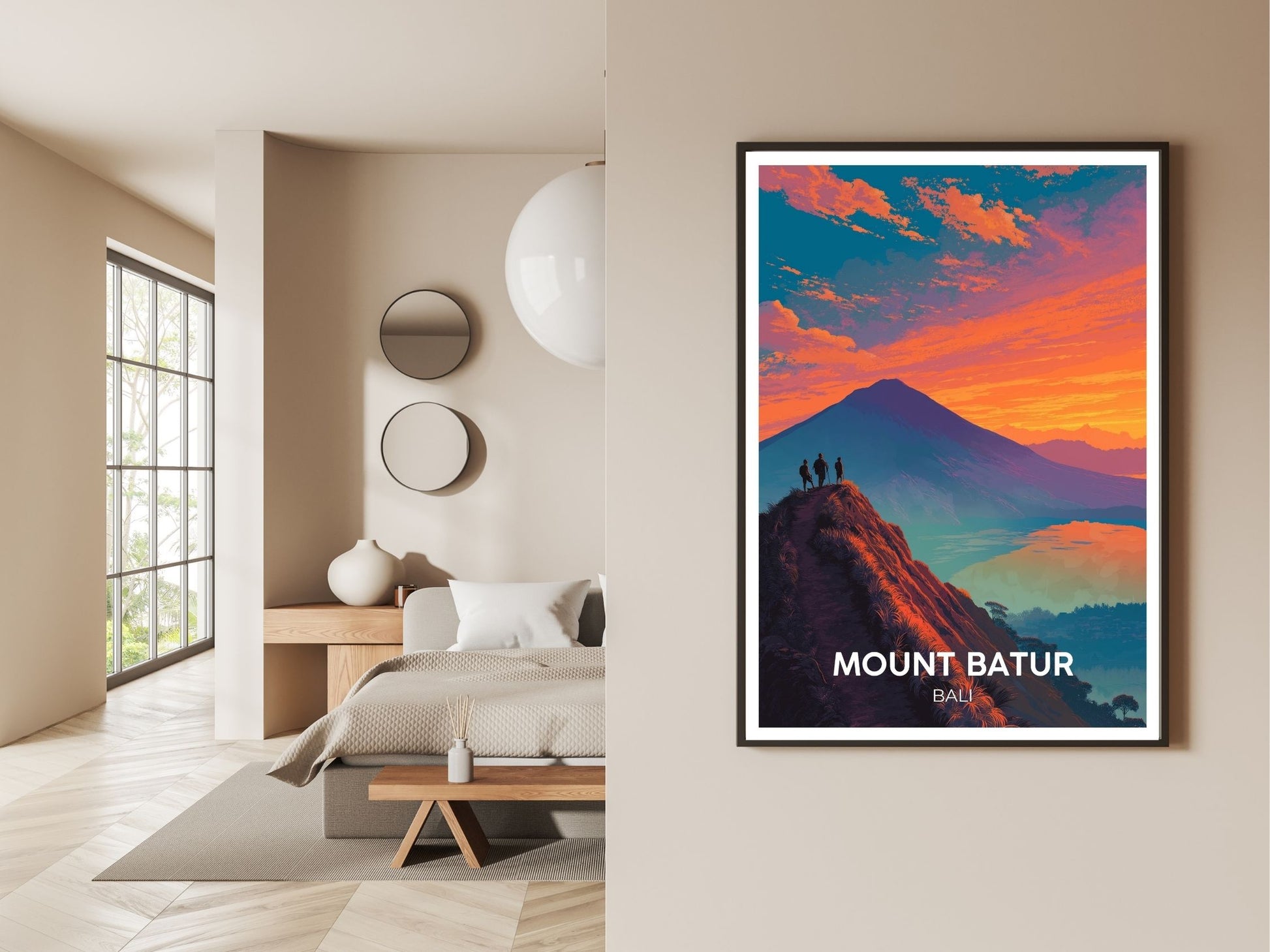 Gallery wall display of Mount Batur Bali travel poster – Atlas Prints