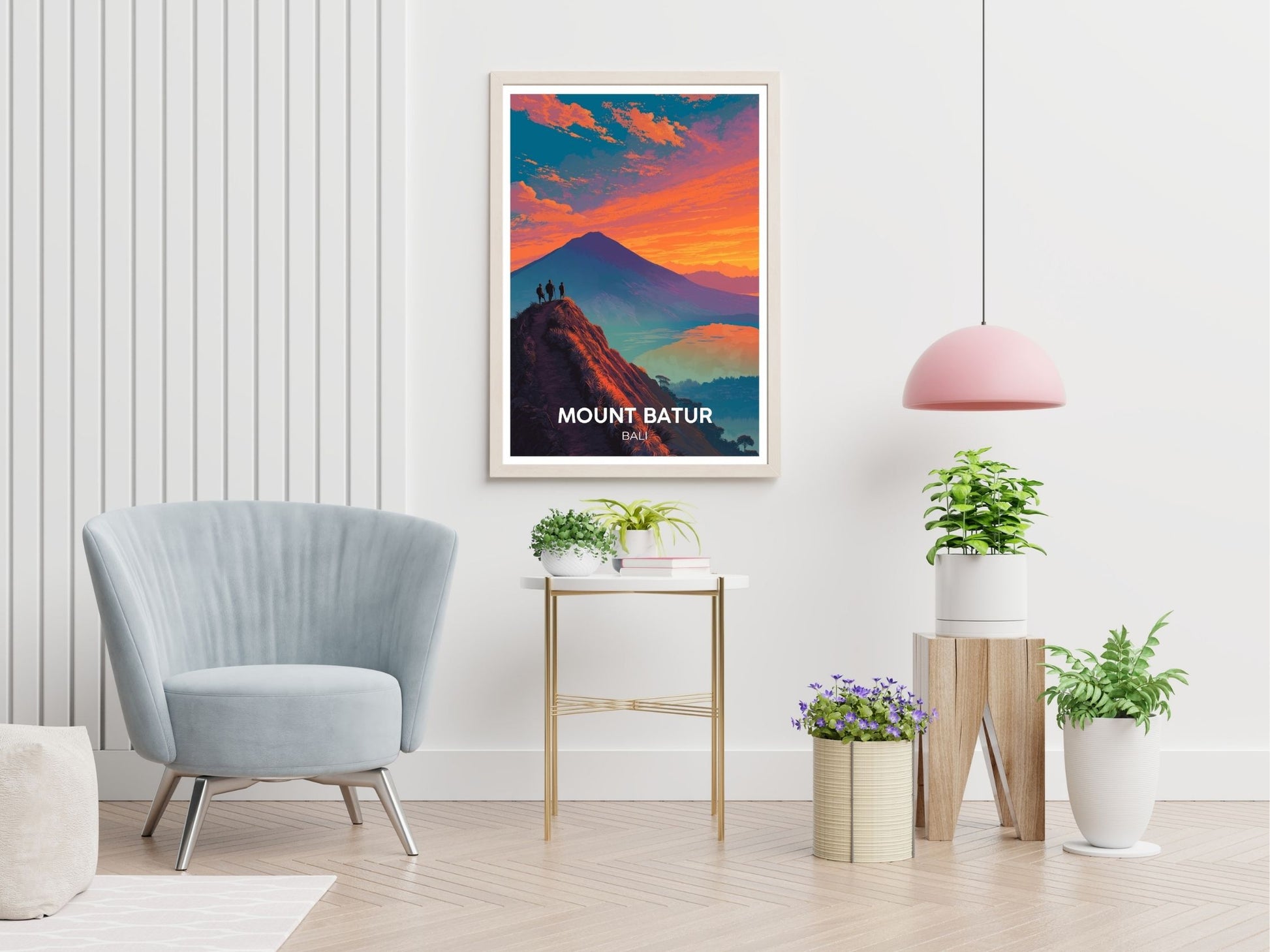 Mount Batur Bali travel print displayed in living room – Atlas Prints