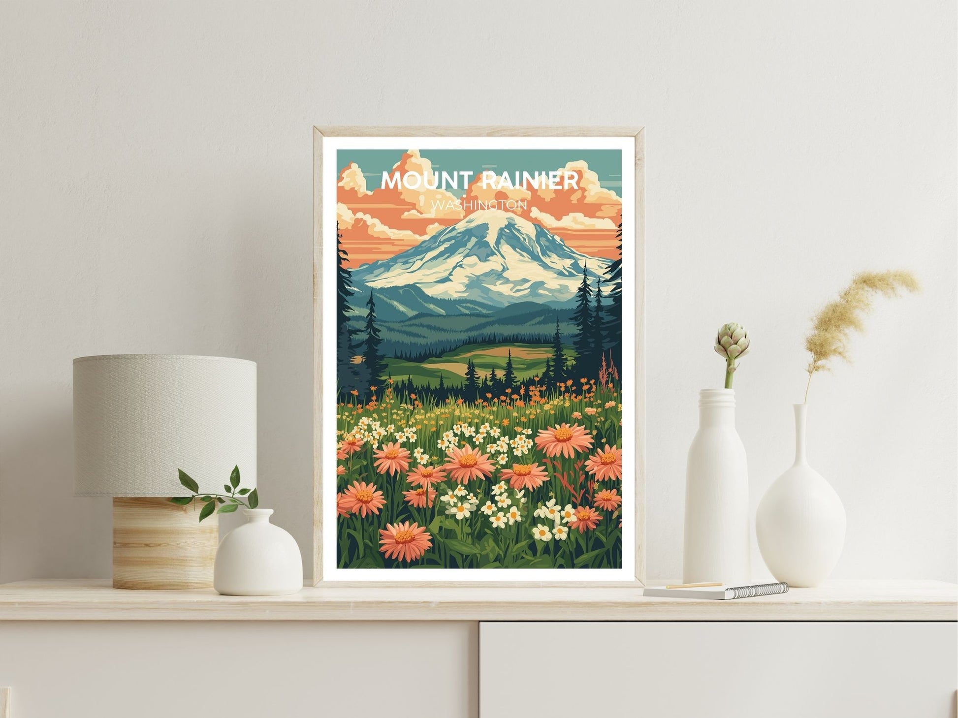Mount Rainier wall art print displayed in bedroom – Atlas Prints