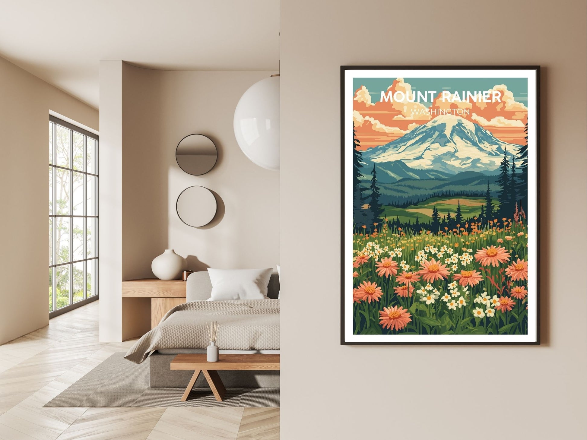 Gallery wall display of Mount Rainier travel poster – Atlas Prints