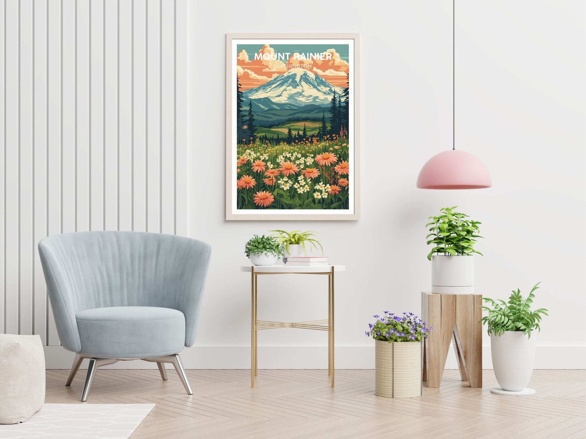 Mount Rainier travel print displayed in living room – Atlas Prints