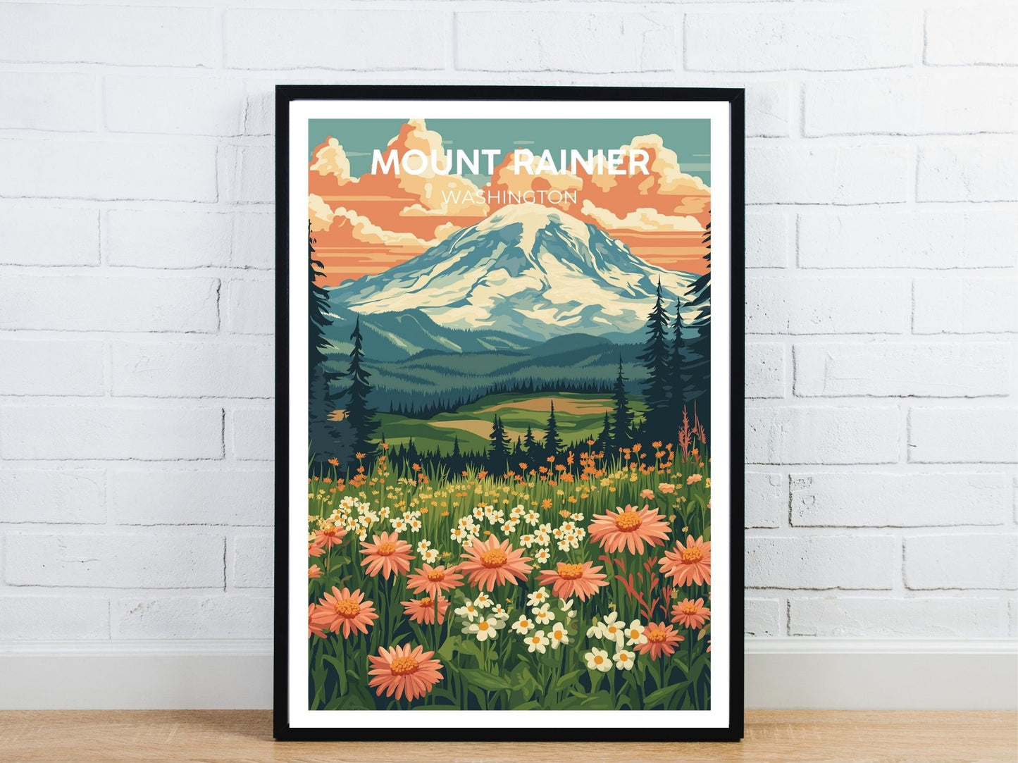 Minimal Mount Rainier travel art poster – Atlas Prints