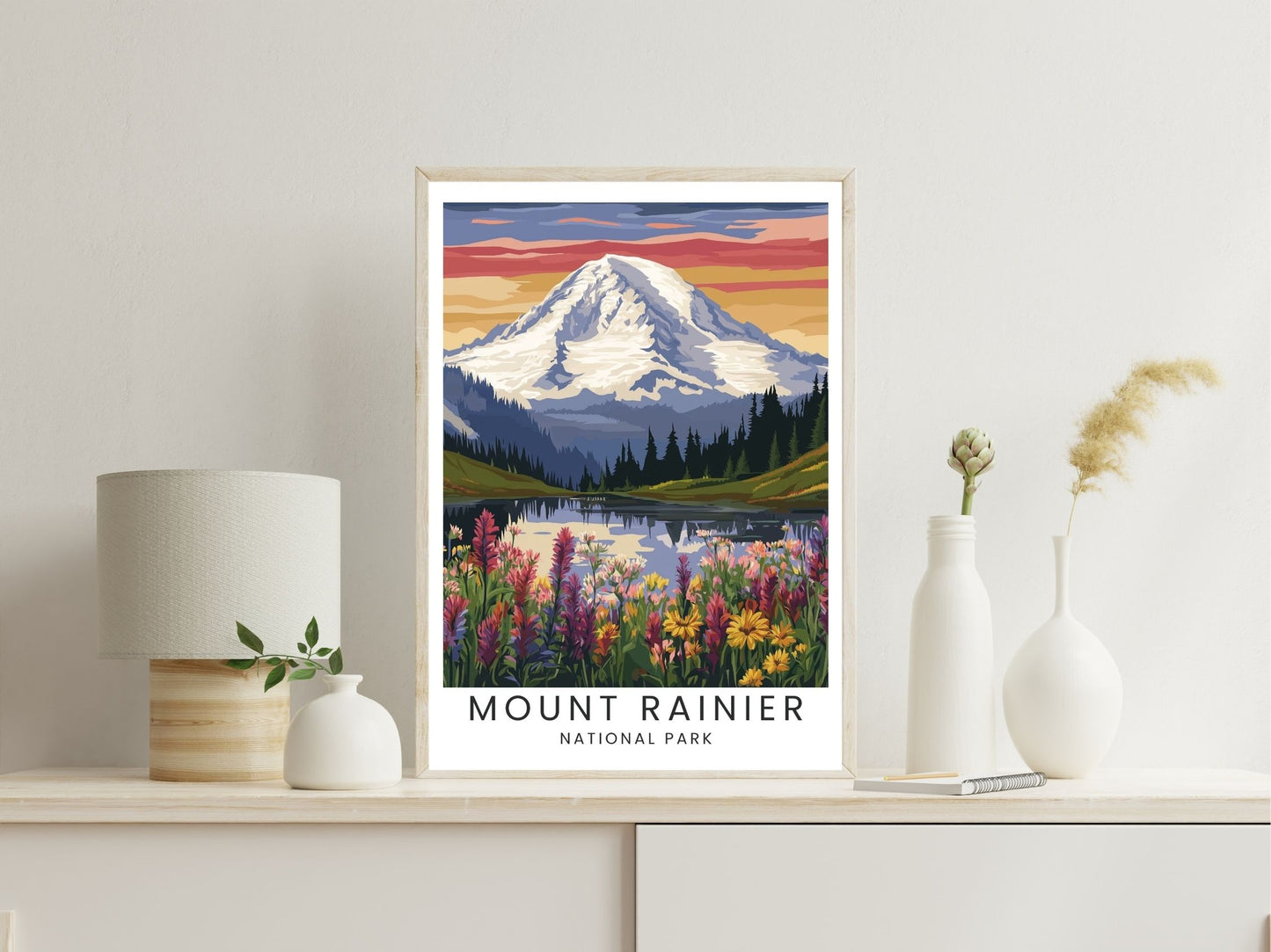 Mount Rainier National Park wall art print displayed in bedroom – Atlas Prints