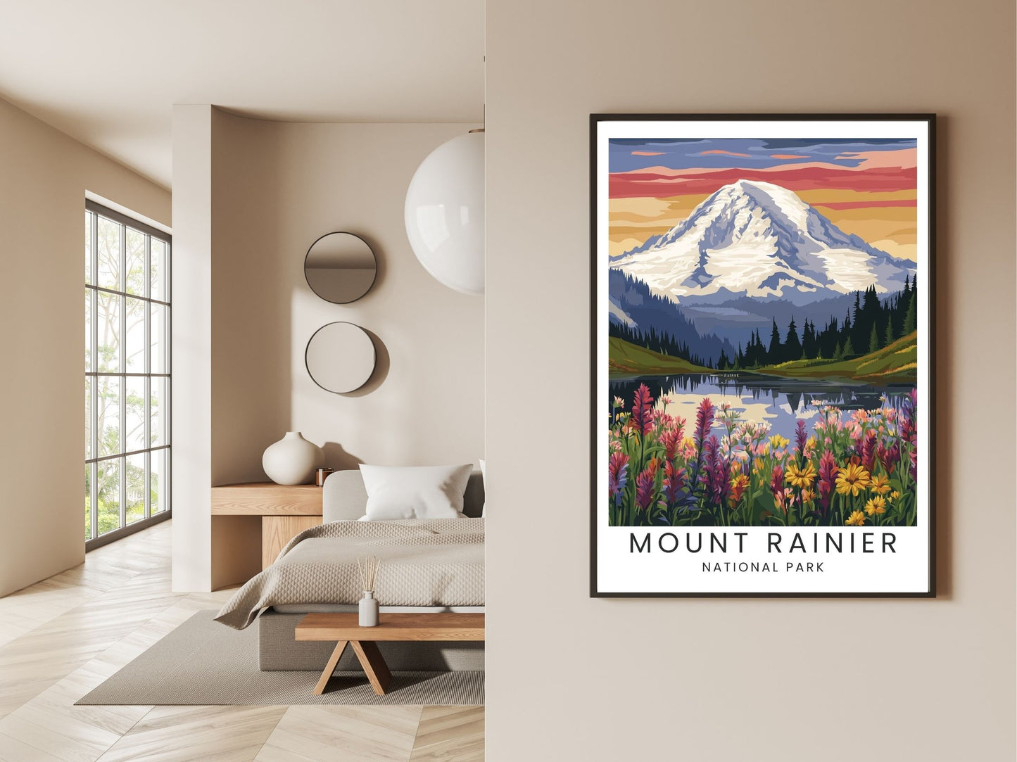 Gallery wall display of Mount Rainier National Park travel poster – Atlas Prints