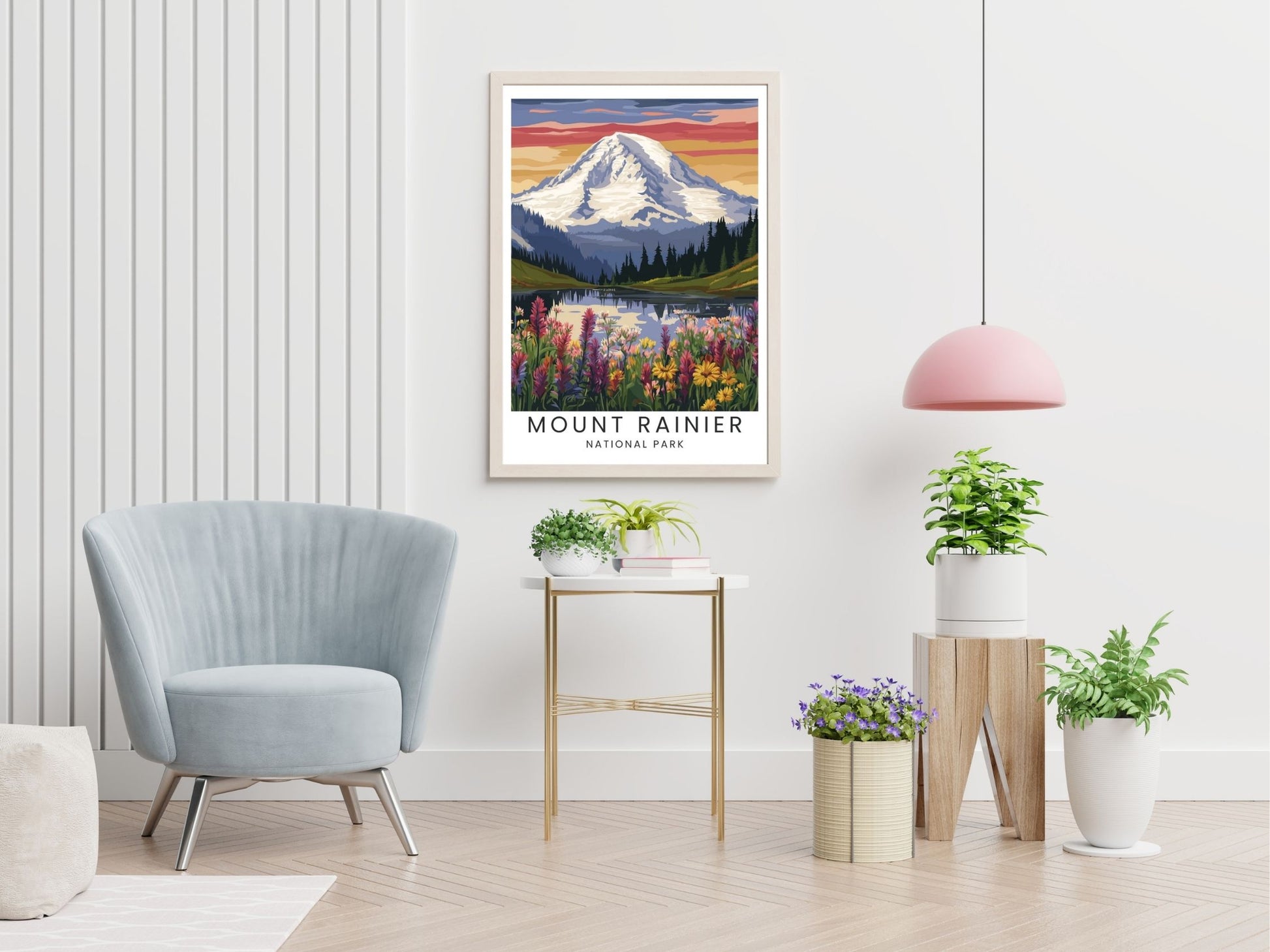 Mount Rainier National Park travel print displayed in living room – Atlas Prints