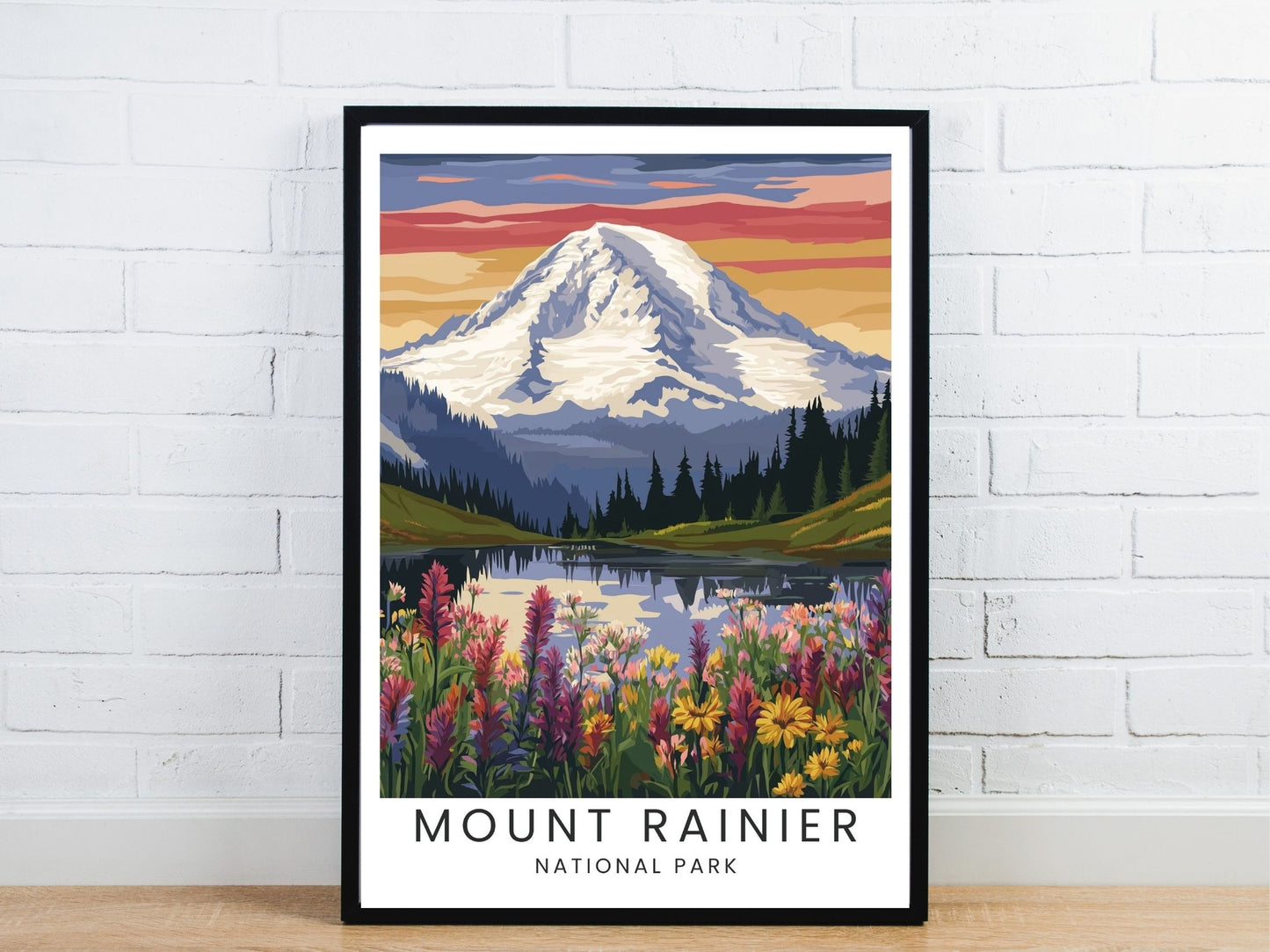 Minimal Mount Rainier National Park travel art poster – Atlas Prints