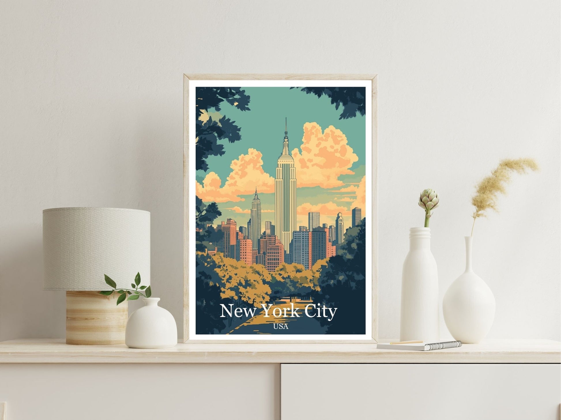 New York City wall art print displayed in bedroom – Atlas Prints
