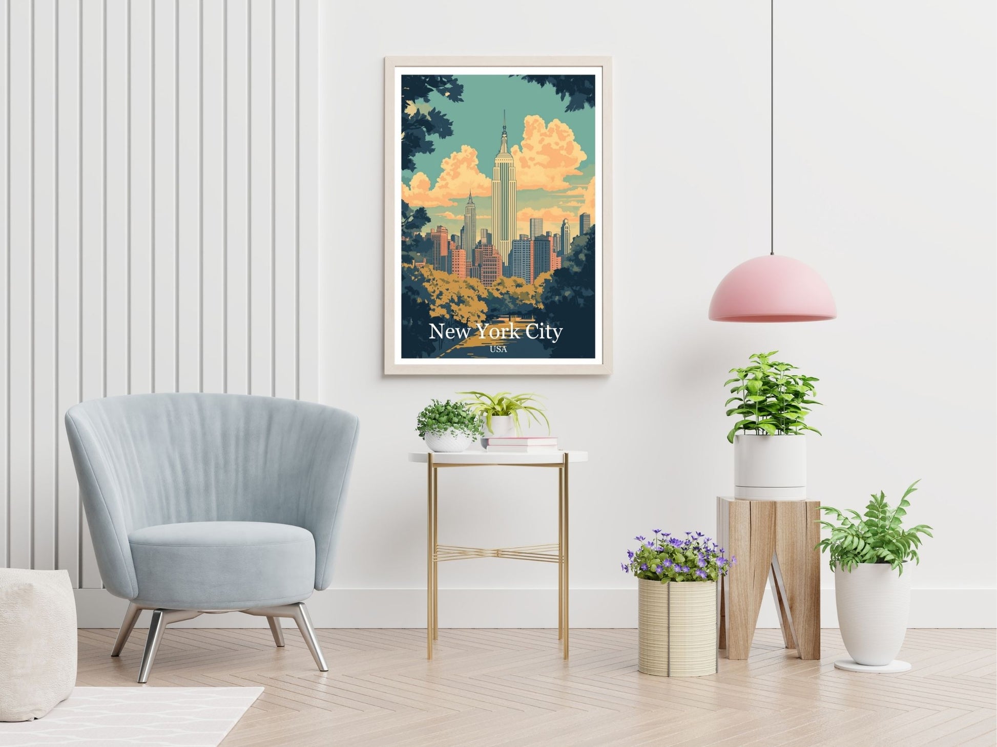 New York City travel print displayed in living room – Atlas Prints