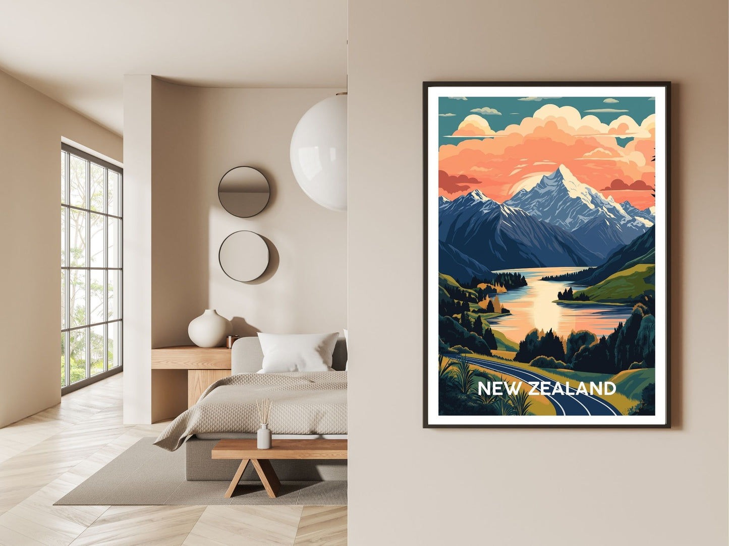 Gallery wall display of New Zealand travel poster – Atlas Prints
