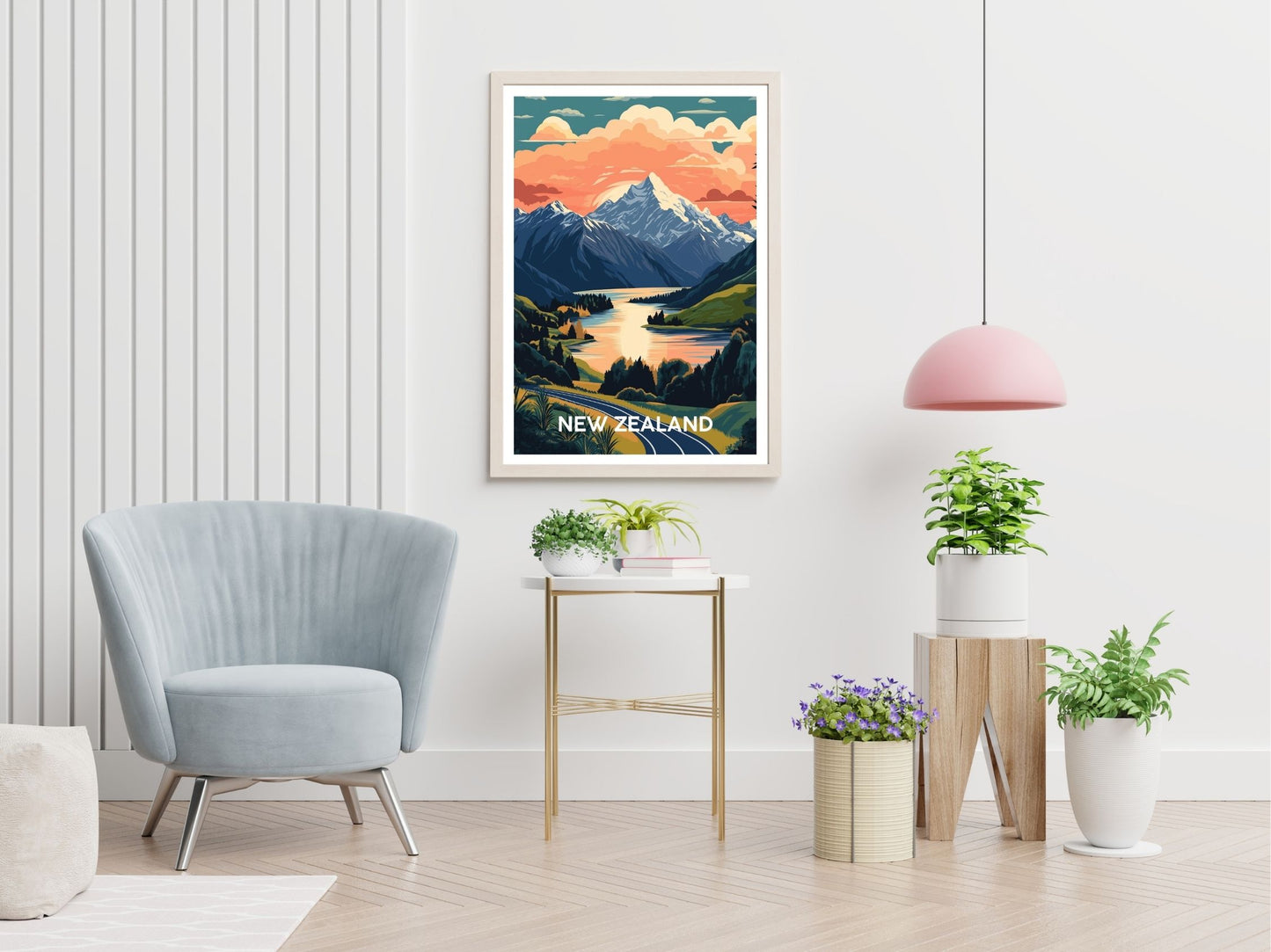 New Zealand travel print displayed in living room – Atlas Prints