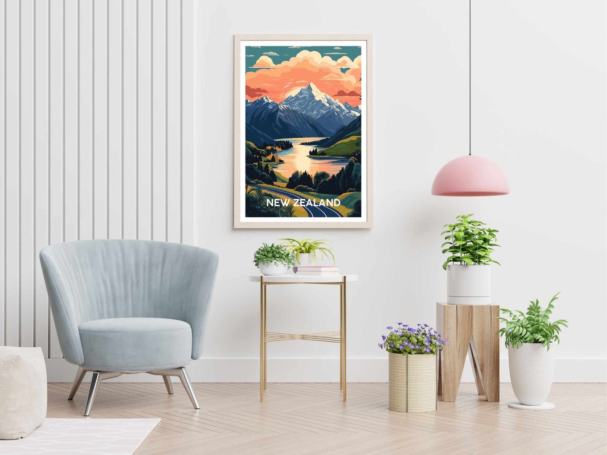 New Zealand travel print displayed in living room – Atlas Prints