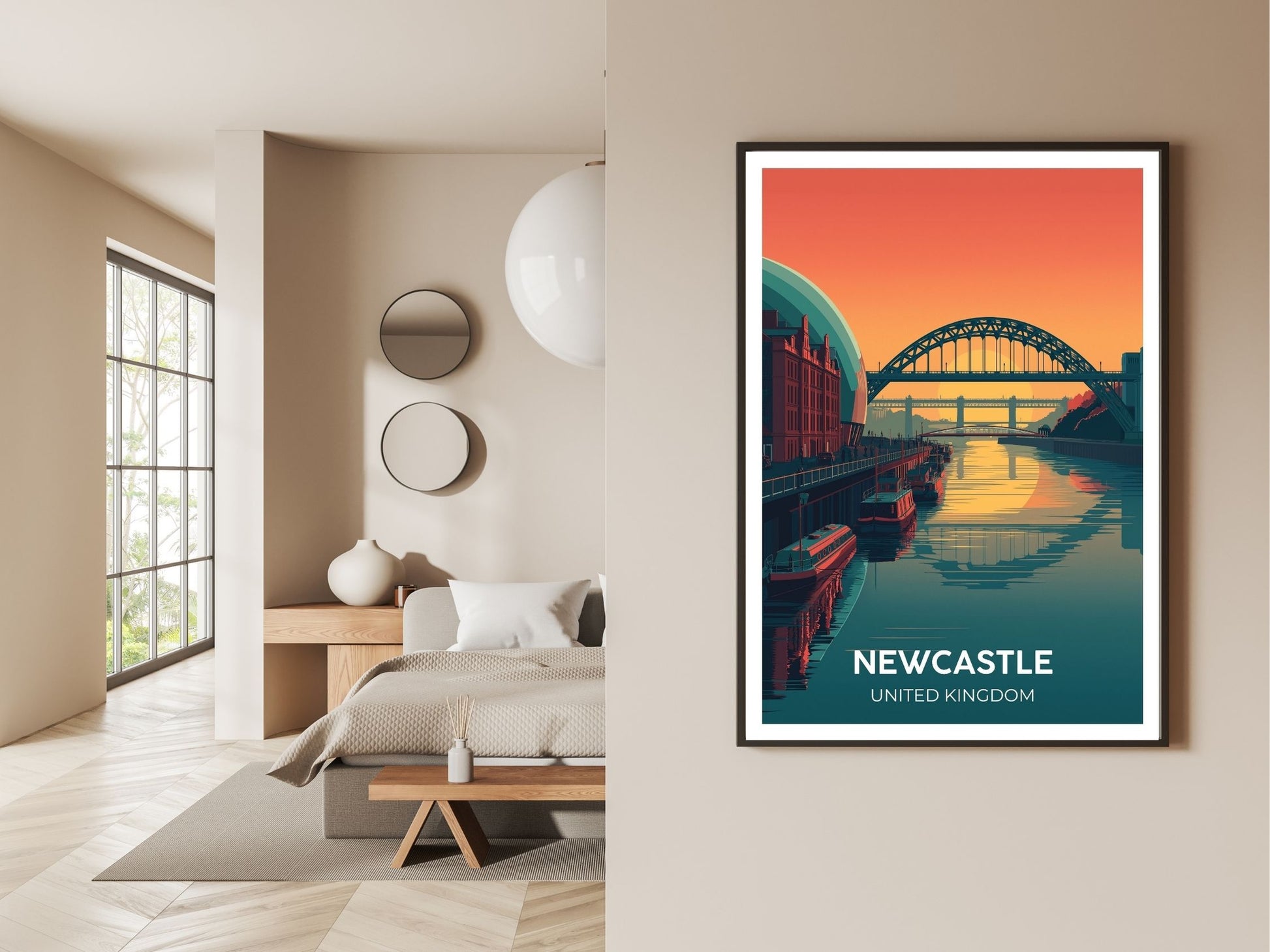 Gallery wall display of Newcastle United Kingdom travel poster – Atlas Prints