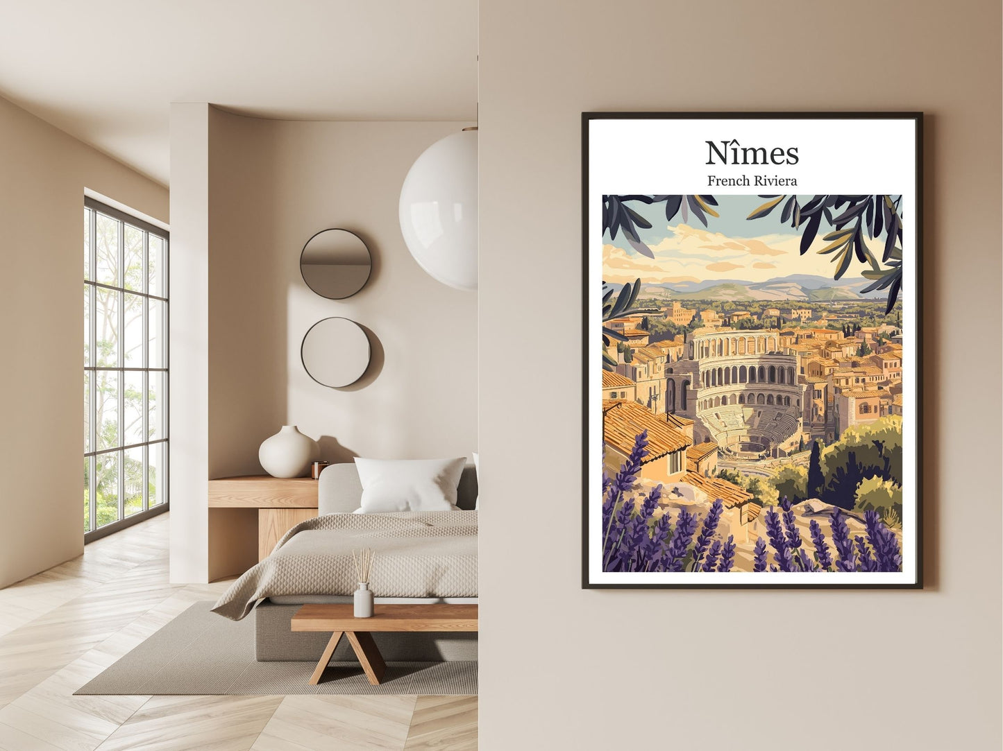 Gallery wall display of Nimes travel poster – Atlas Prints